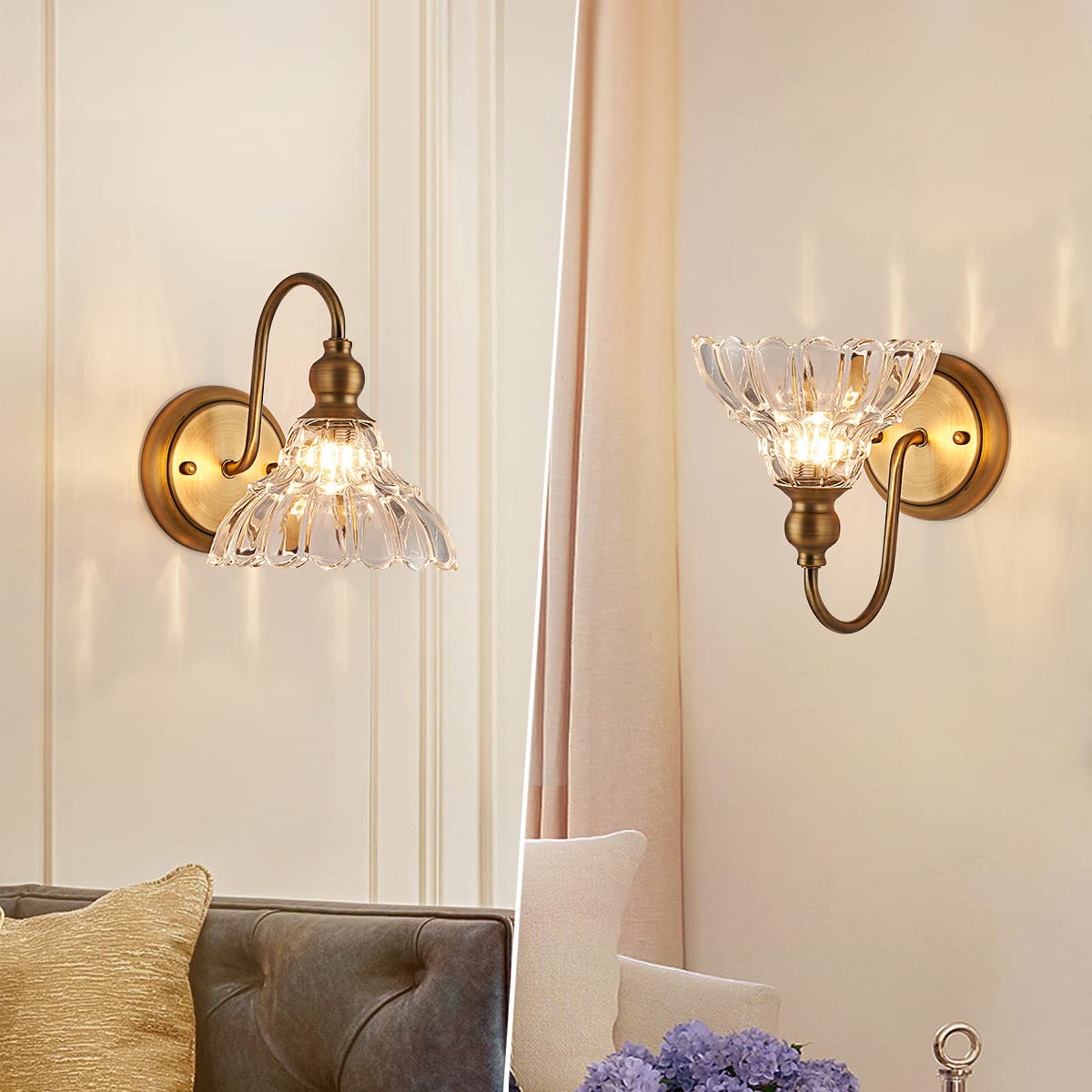 TLOLGT 2-Pack Brass Modern Wall Sconces, Glass Lighting Fixtures for Bedroom, Bathroom, Hallway - Model XZ-W111-2P