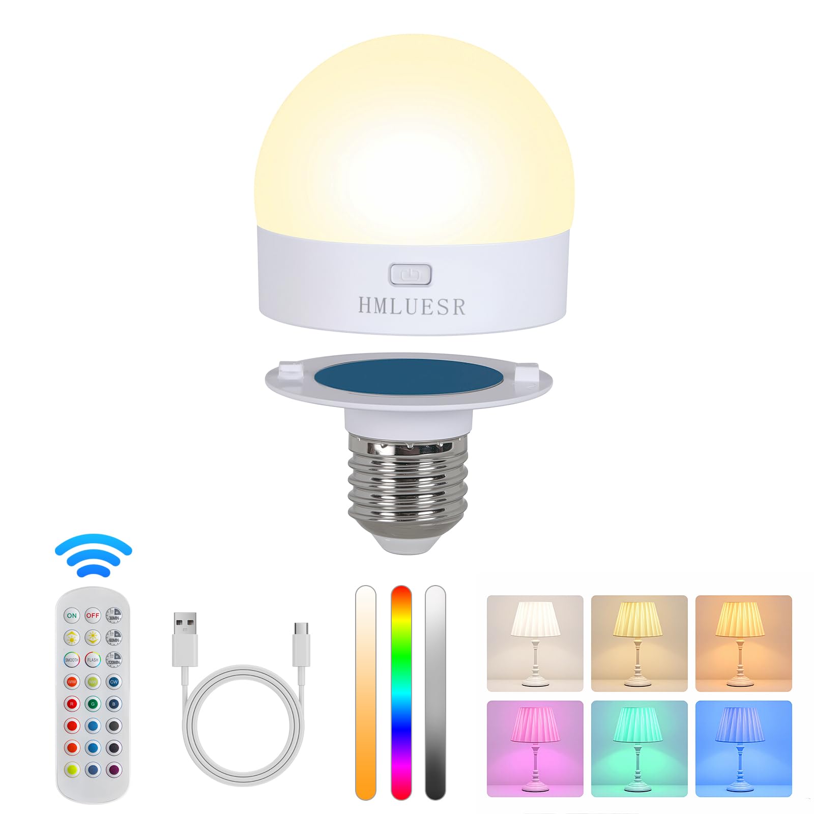 HMLUESR Rechargeable Light Bulbs with Remote Control, 3600mAh E26 Base Battery OperatedLED Bulb for Lamp Sconce, 300LM 15 RGB Li