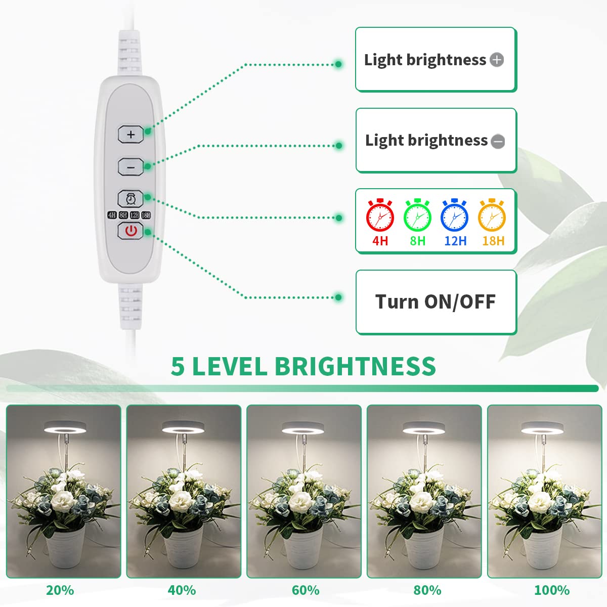 GYTF Halo Plant Grow Light, 6000K White LED, Full Spectrum, Dimmable, Height Adjustable, 1 Pack, for Indoor Plants