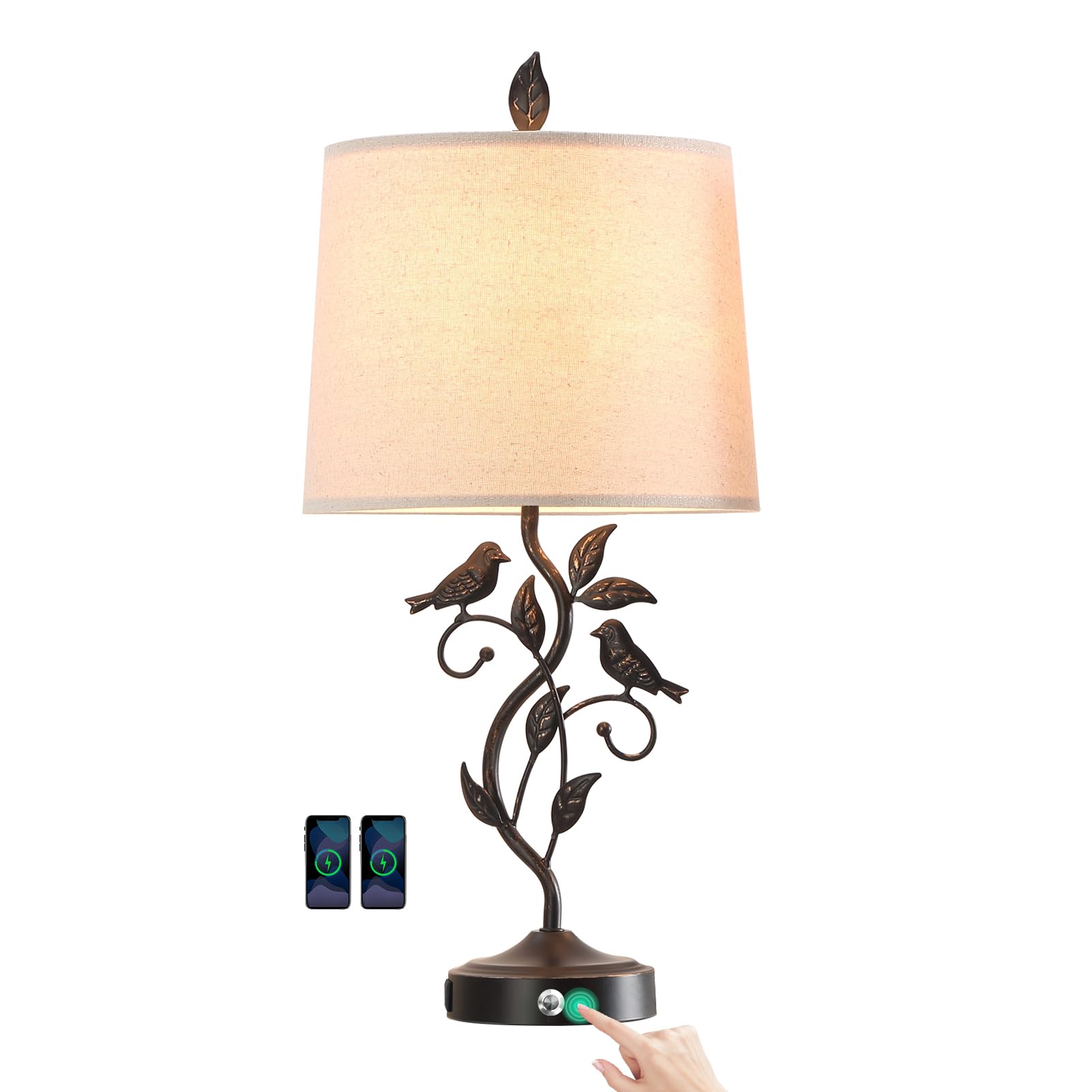 RORIANO 27 Touch Farmhouse Table Lamps for Living Room with 3-Way Dimmable 2 USB Ports, Vintage Rustic Iron Leaf Nightstand Lamp