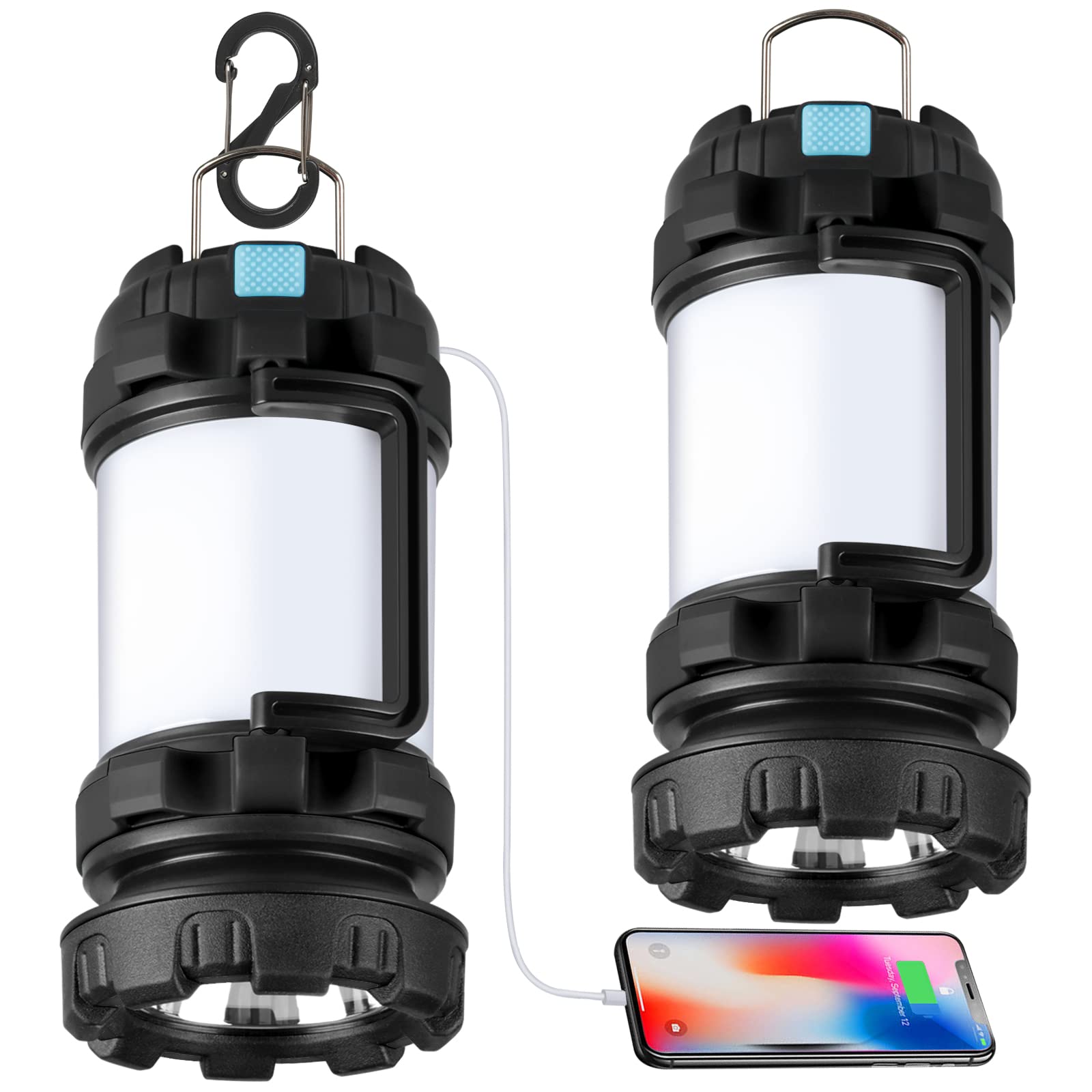 BOBKID 2 Pack Camping Lantern, LED Flashlights 1000LM, Rechargeable, 4000mAh Power Bank, IPX5 Waterproof, Black, Model KJ-1296
