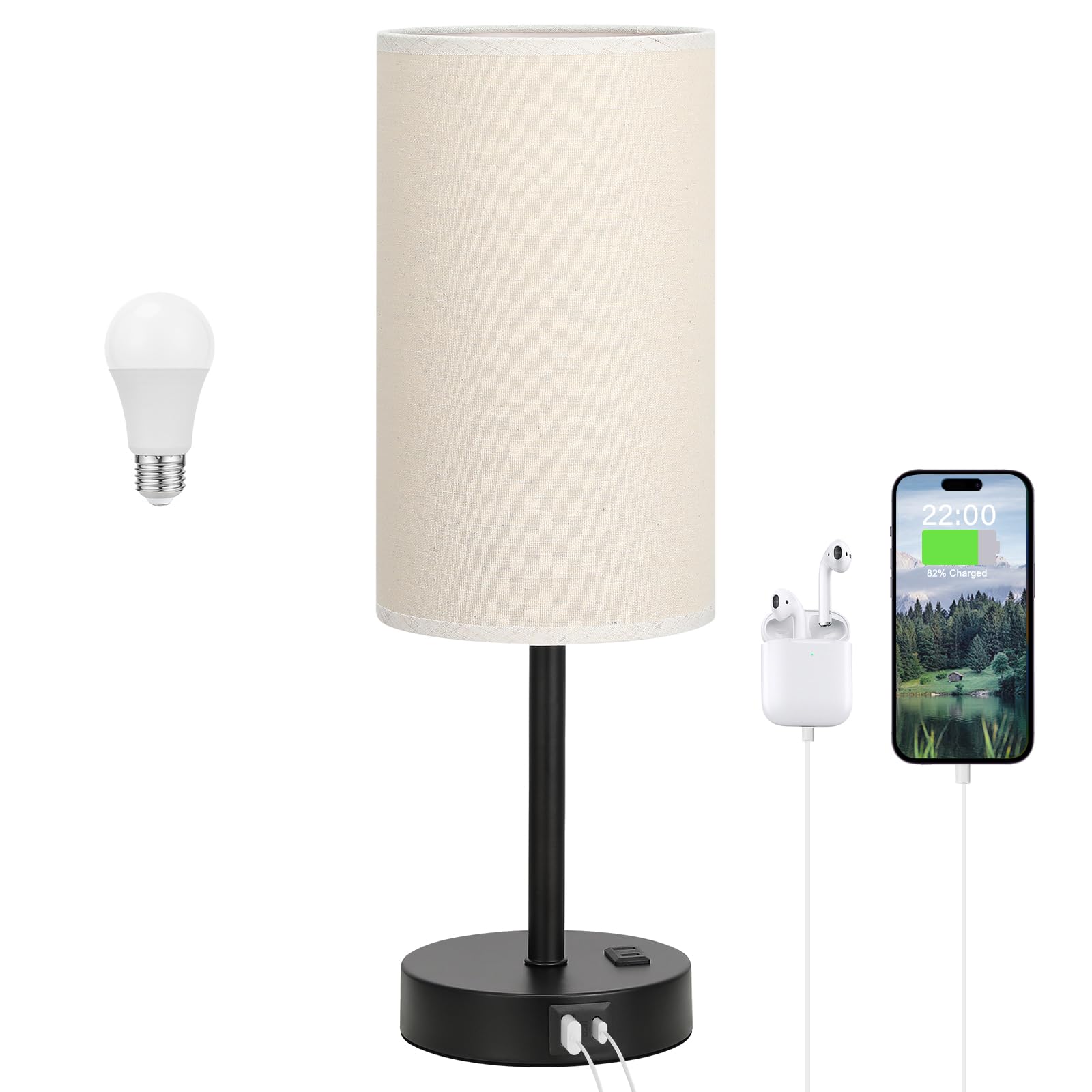 Tall Touch Bedside Table Lamp With Usb - 3 Way Dimmable Black Lamps For Bedroom Nightstand, Desk Lamp With Black Charging Statio