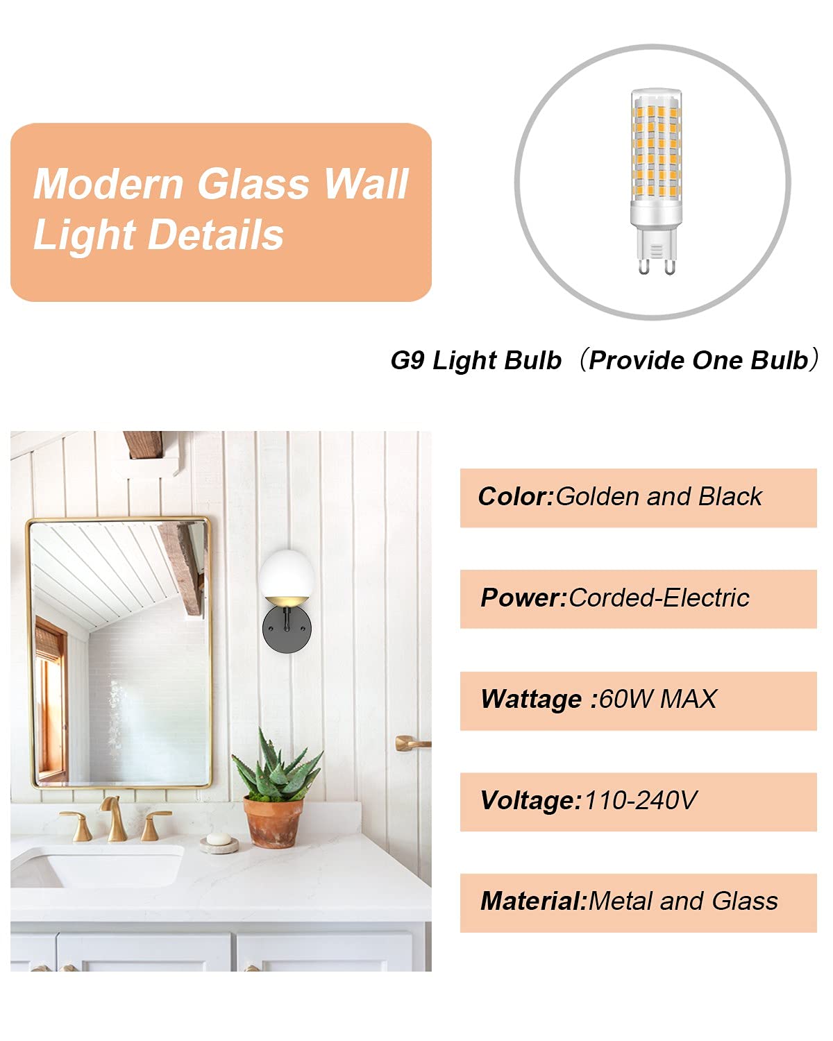 Tipace Black and Gold Wall Light, Mid Century Modern Sconce, 3000K G9 Bulb Included, well-made Metal, Model 020