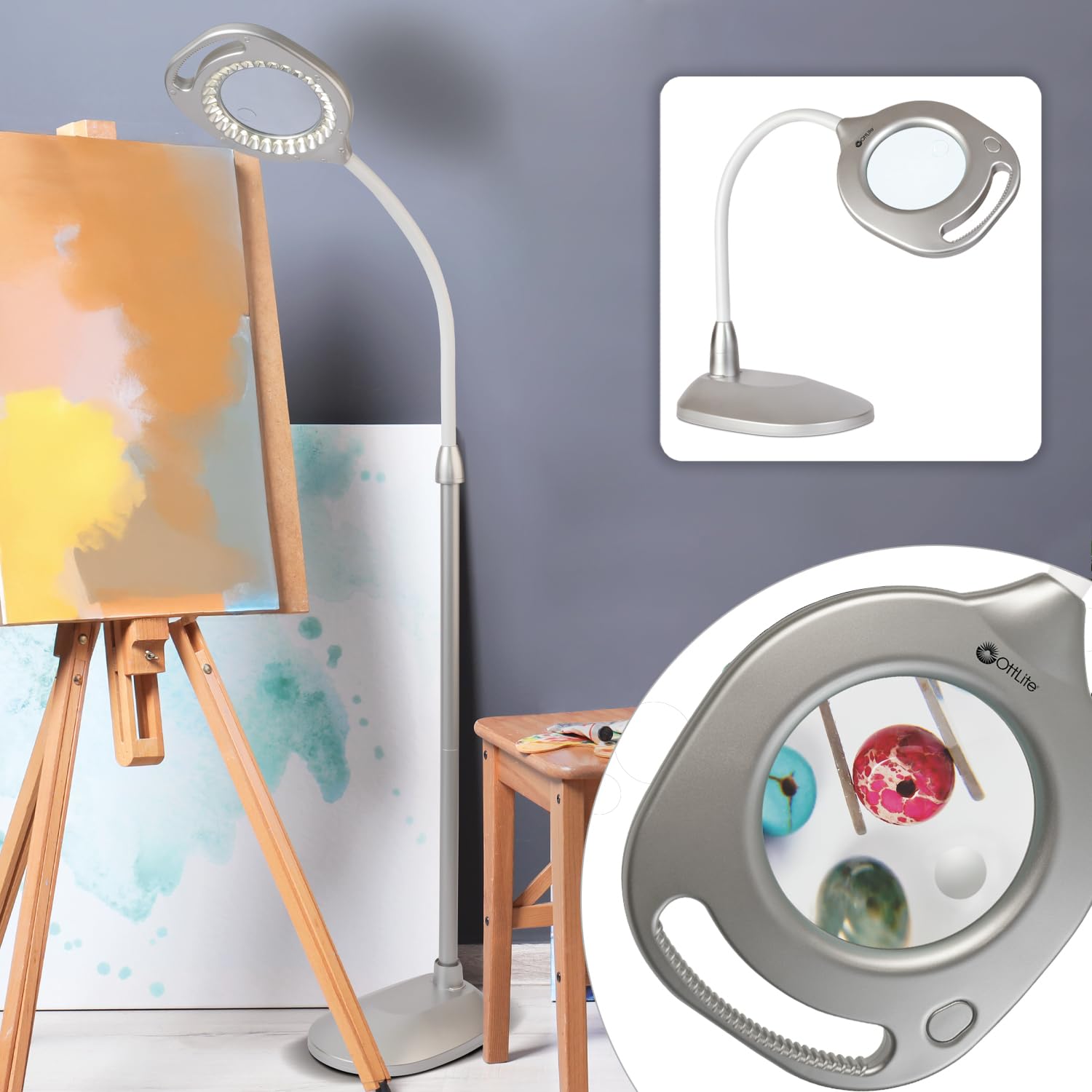 OttLite 2-in-1 LED Magnifier Light, Clearsun Silver, Model CS43828W, Cast & Porcelain Material
