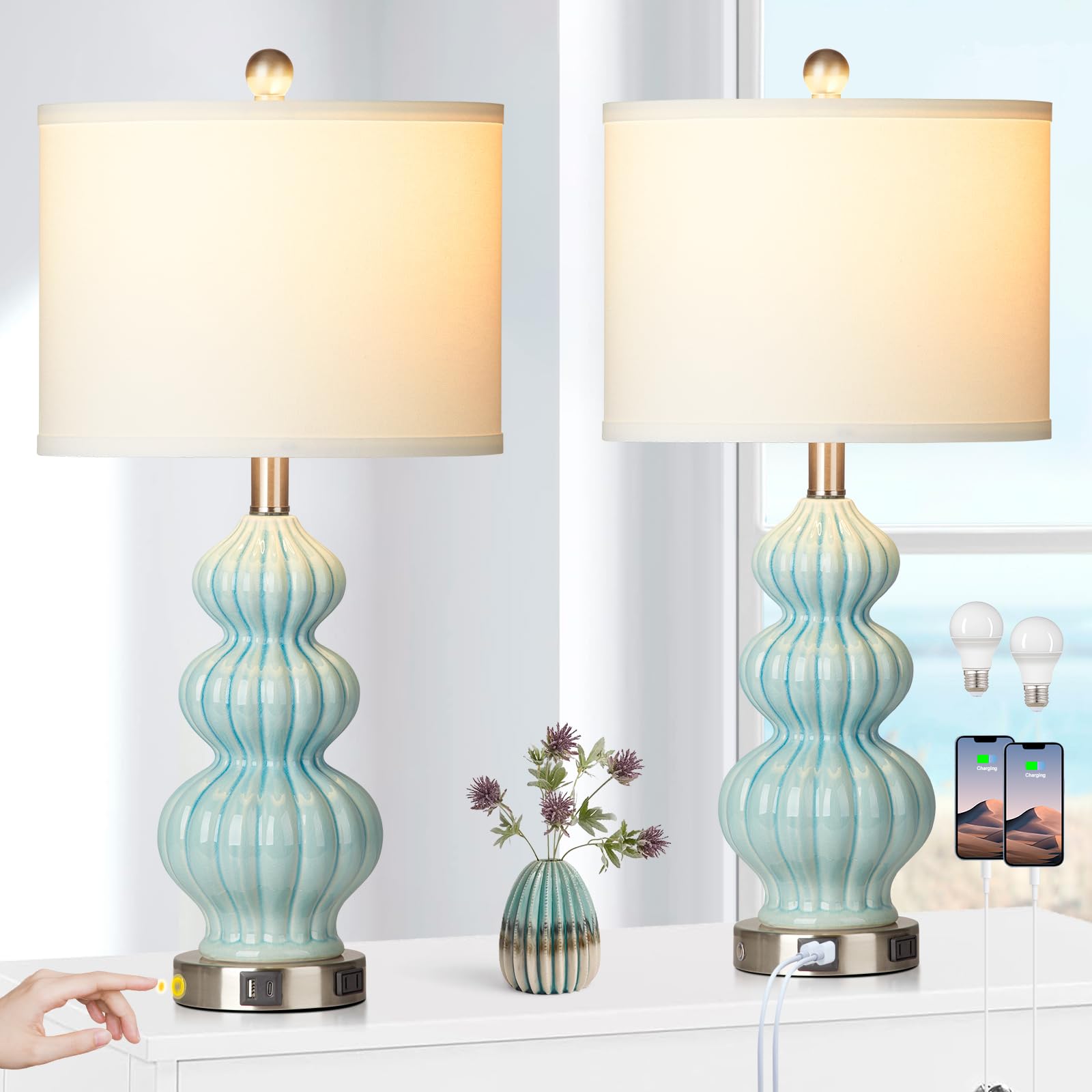 Rinweey Triple Gourd Ceramic Table Lamps Set of 2, Modern Blue Bedside Lamps with USB A+C Ports & AC Outlet, 3 Way Touch Control Contemporary Nightstand Lamps for Bedroom Living Room (Bulb Included)