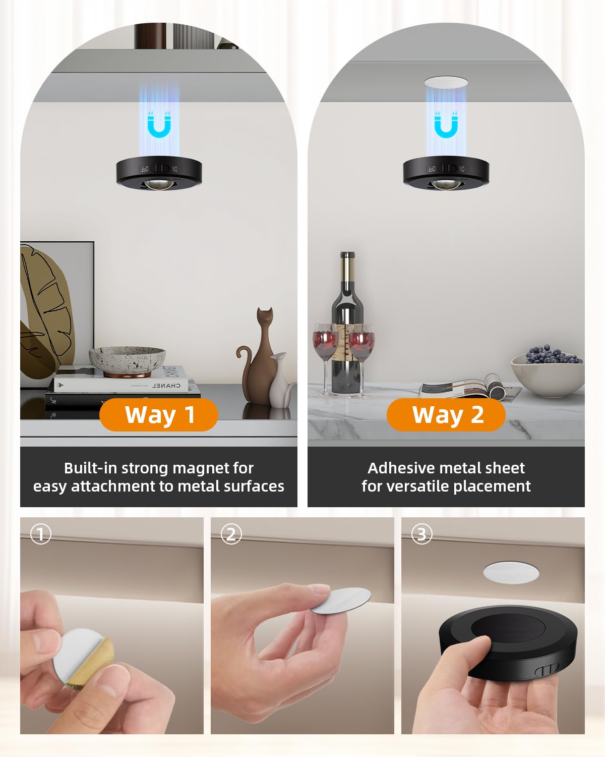 RUYI Rechargeable RGB Puck Lights, Dimmable Touch Under Cabinet Lighting, 3 Pack, USB, Plastic, Model RUYI-US-UCL-R