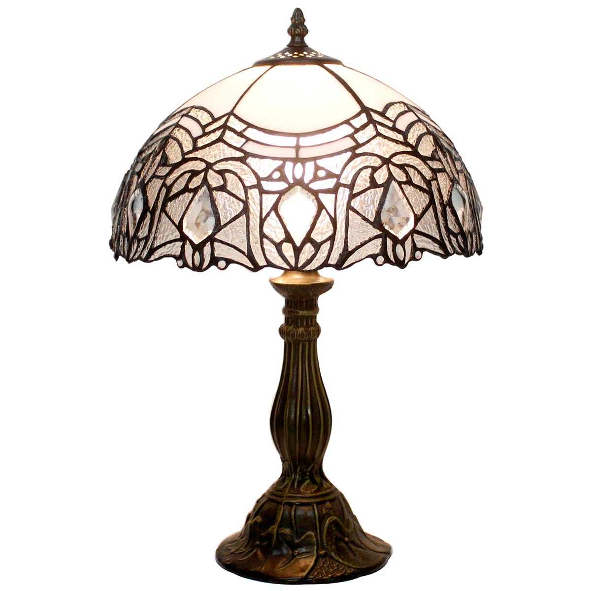 WERFACTORY Tiffany Lamp White Bent Stained Glass Bedside Table Lamp Desk Reading Light 12X12X18 Inches Decor Bedroom Living Room