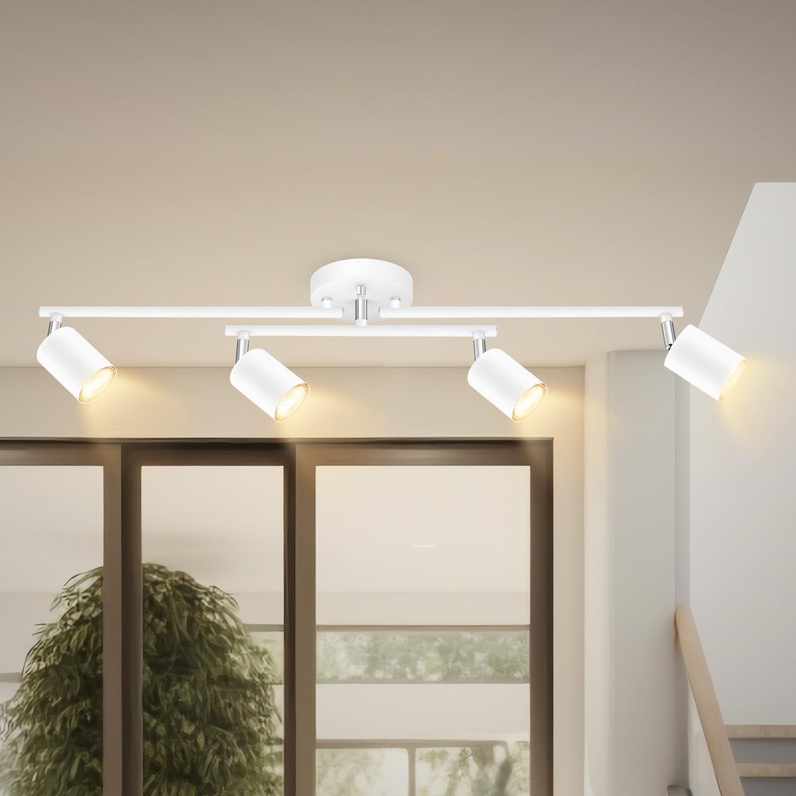4 Light Track Lighting Kit Kitchen, White Track Lighting Fixtures Ceiling, 4 Way Modern Flexible Spot Track Lighting, Industrial