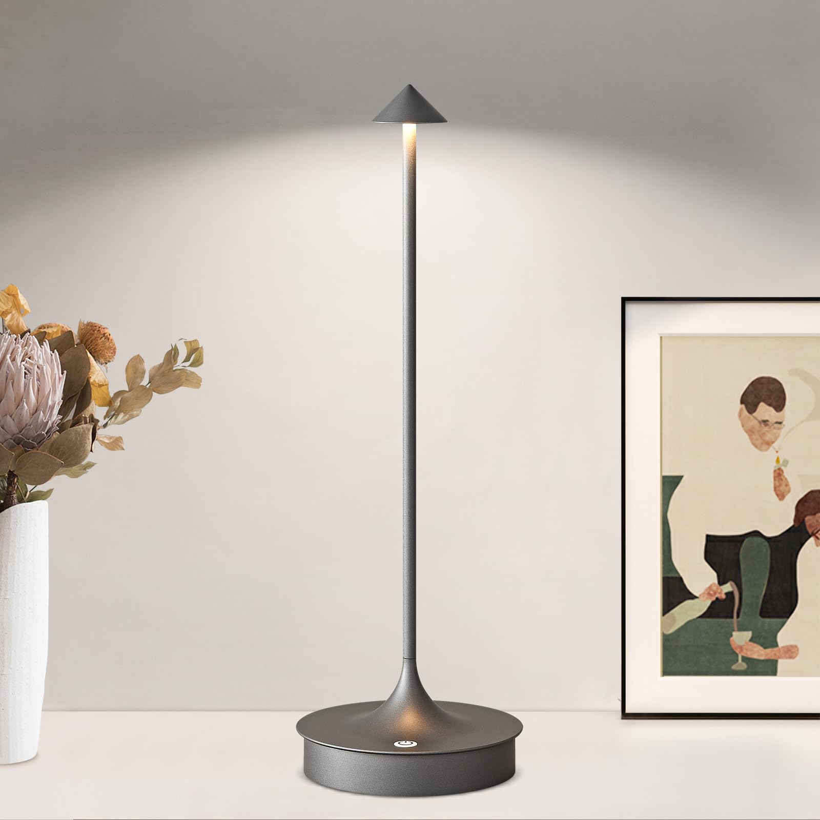 JICAI Small Cordless Table Lamp, Rechargeable LED Touch Lamp, Dimmable, Waterproof, 4000mAh, 1PC, Gray, Model ALD9537GY1