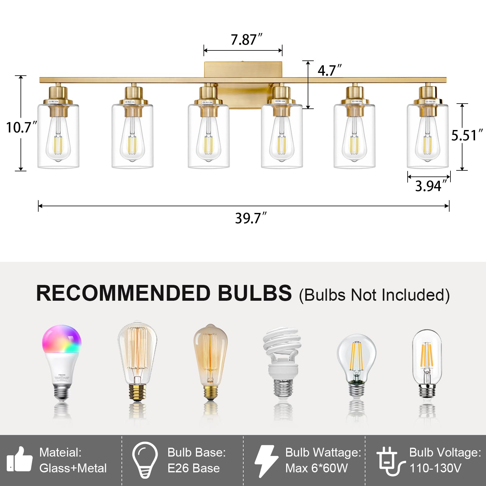 Hccz 6 Light Gold Bathroom Light Fixtures Brushed Brass Vanity Light Over Mirror Modern Wall Lighting Sconces Wall Lamp For Bath