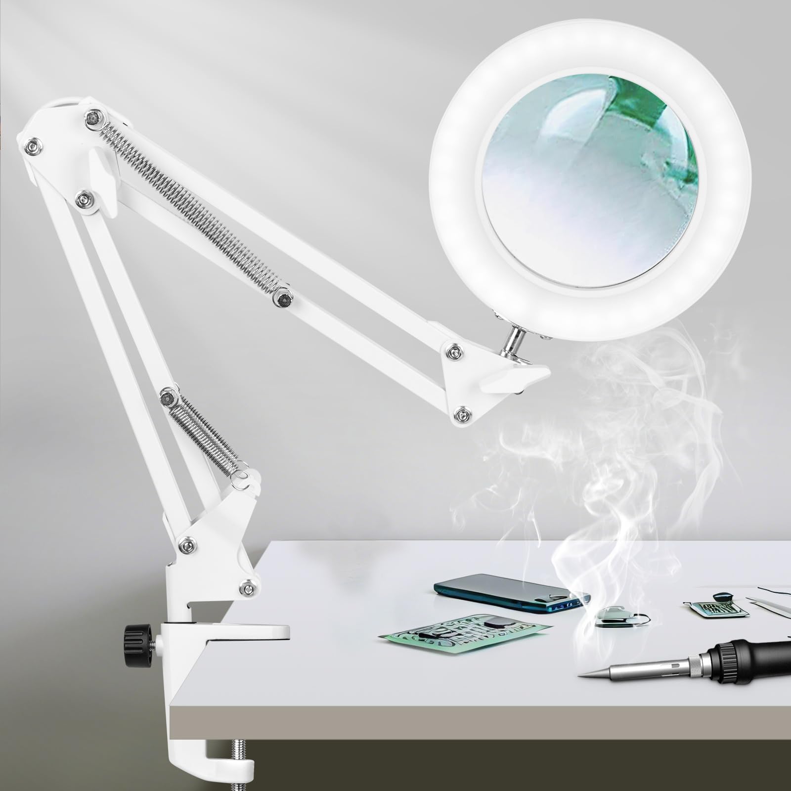 KIRKAS 10X LED Magnifying Lamp with Clamp, Real Glass Lens, Stepless Dimmable, Adjustable Swivel Arm, White, Model KR-DB-White