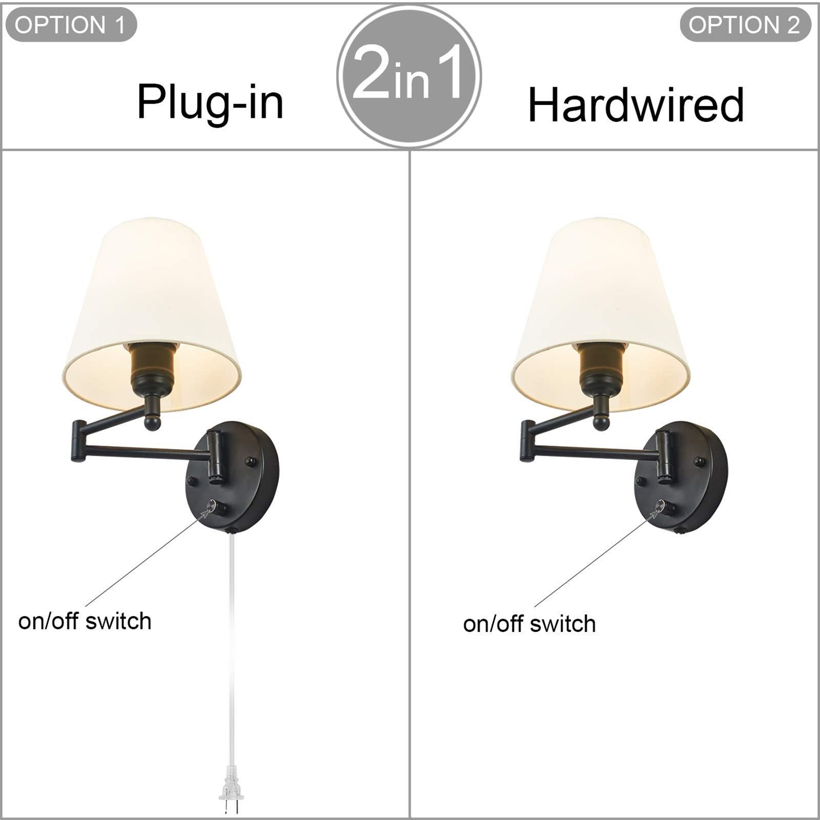 IC INSTANT COACH Swing Arm Wall Lamp - Opaque Ivory Linen Shade, Plug-in, 40W, Black and White