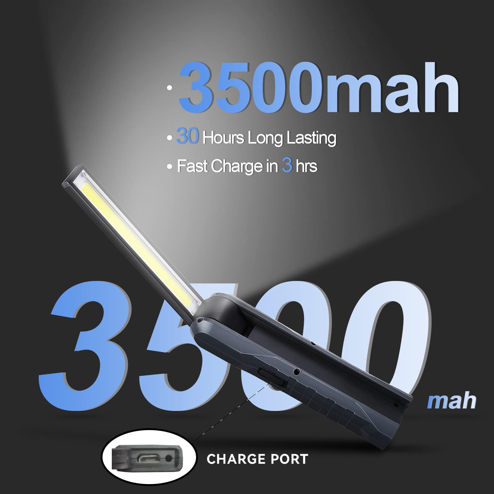 Durapower Rechargeable Led Work Light Automotive Foldable Usb Portable Flashlight Work Light With Magnetic Base, Hook, 270º Rotate, Power Indicator For Mechanic, Repair, Camping, Emergency Bbq - 2Pack