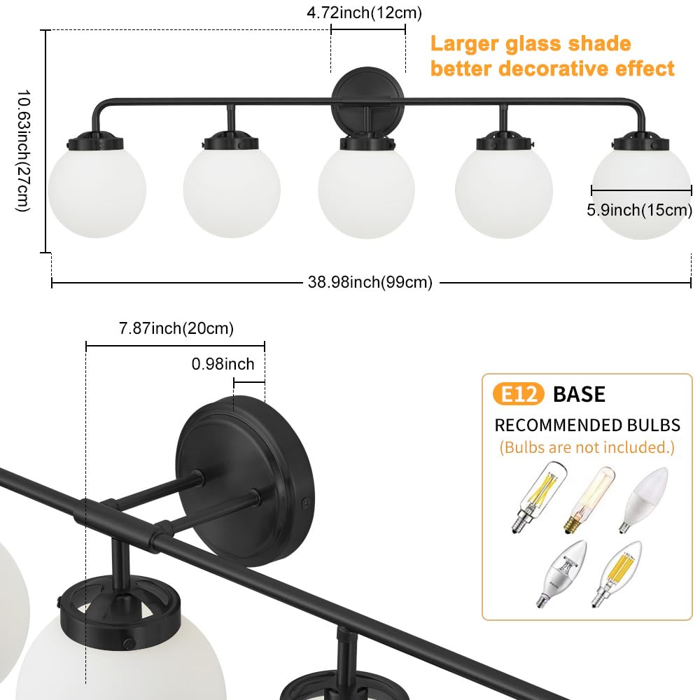 Deyidn Bathroom Light Fixtures Over Mirror, 5-Light Matte Black Vanity Lighting With Milk White Glass Globe Shades Modern Wall S