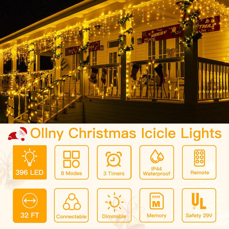 Ollny Icicle Lights For Outside 396Led 32Ft, Warm White Christmas Light With Remote 8Modes Timers Waterproof, Plug In Connectabl