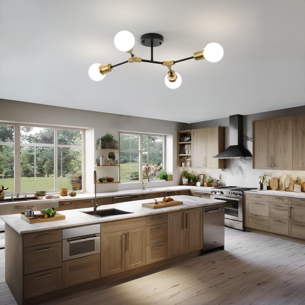 Quoobe Modern Semi Flush Mount Ceiling Light Mid Century 4 Light Lighting Fixture For Dining Room Bedroom Kitchen Foyer Entryway Hallway Metal Gold And Black Sputnik Chandelier