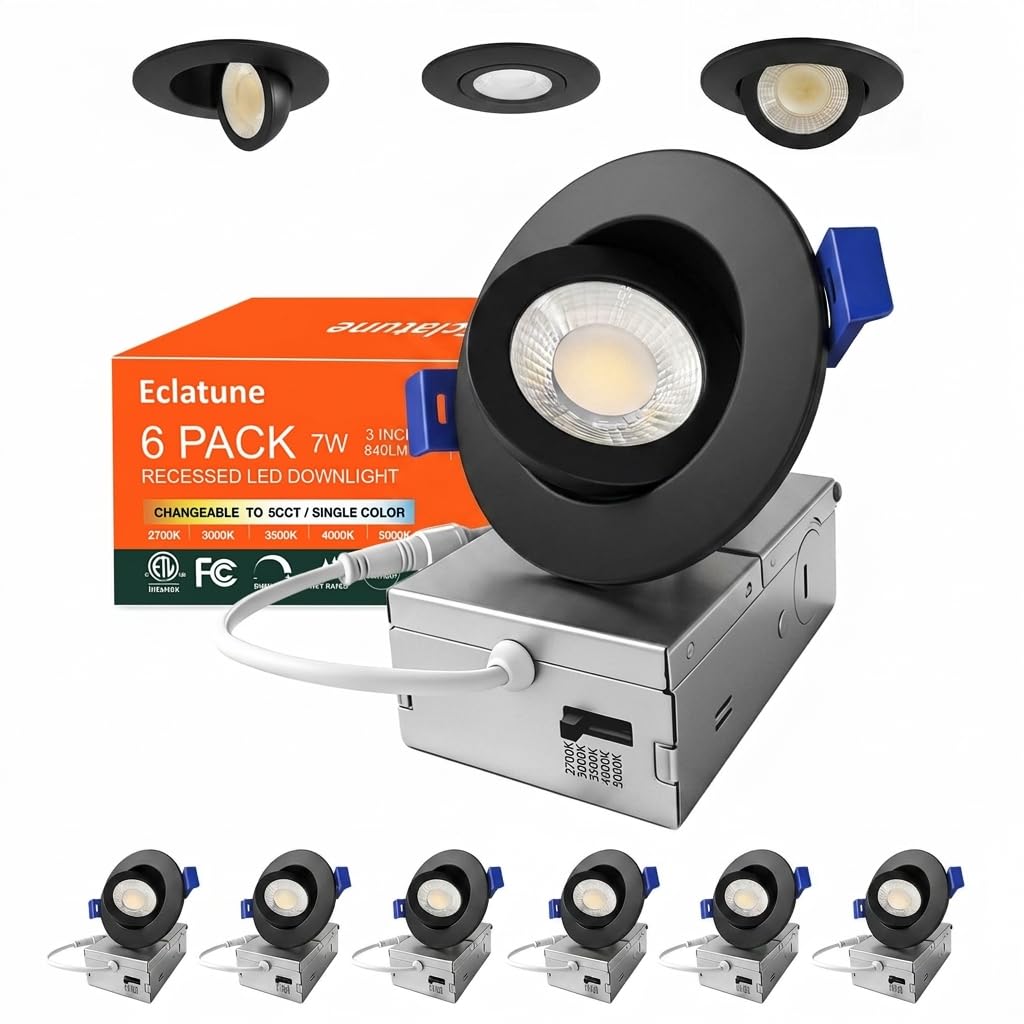 3 Inch Gimbal LED Recessed Light 6 Pack, Ultra-Thin Canless Downlight, 5CCT Selectable (2700K-5000K), 7W 800LM CRI90+ Dimmable, 