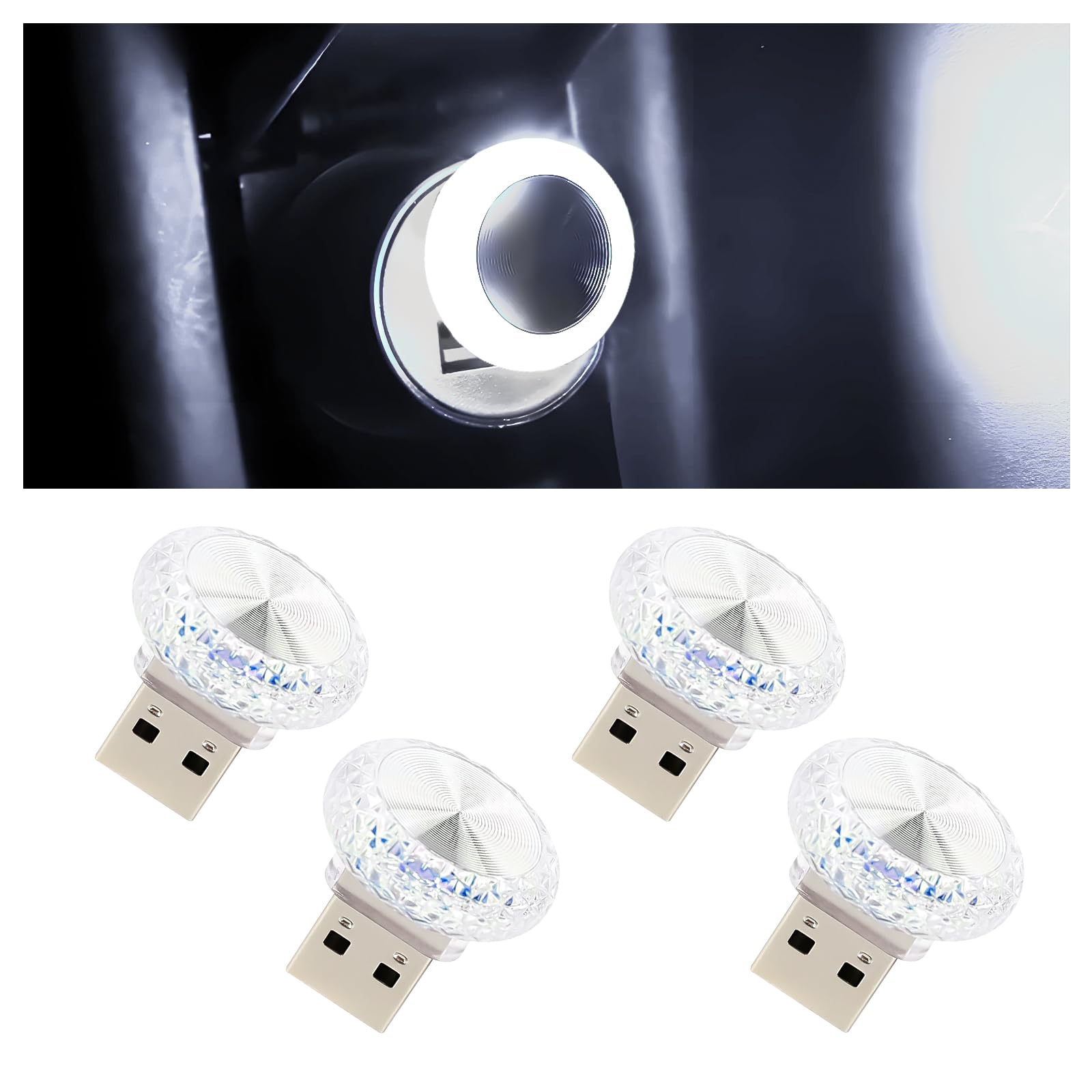 Hovom 4Pcs Usb Led Car Interior Atmosphere Lamp  Portable Mini Car Led Night Light Decoration  Plug-In Usb Automotive Ambient Lighting Kit  Universal For Cars Suvs Trucks Rvs (White)