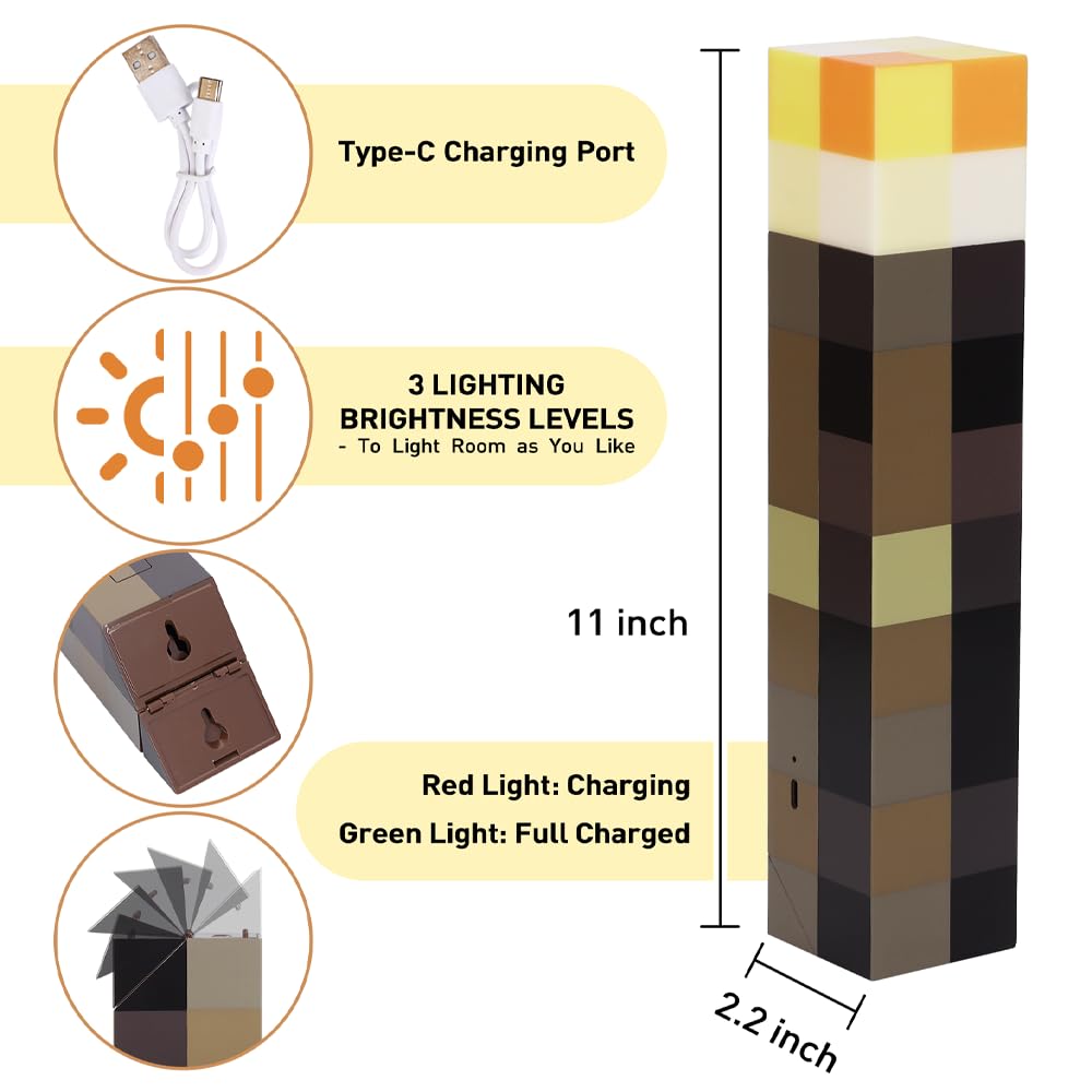 Vatitont Light-Up Wall Torch With 3 Lighting Levels - Usb Rechargeable Night Lamp - Torch Light With Wall Mount & Hand Held, Led Lighting Torch For Kid'S Bedroom Gaming Decoration