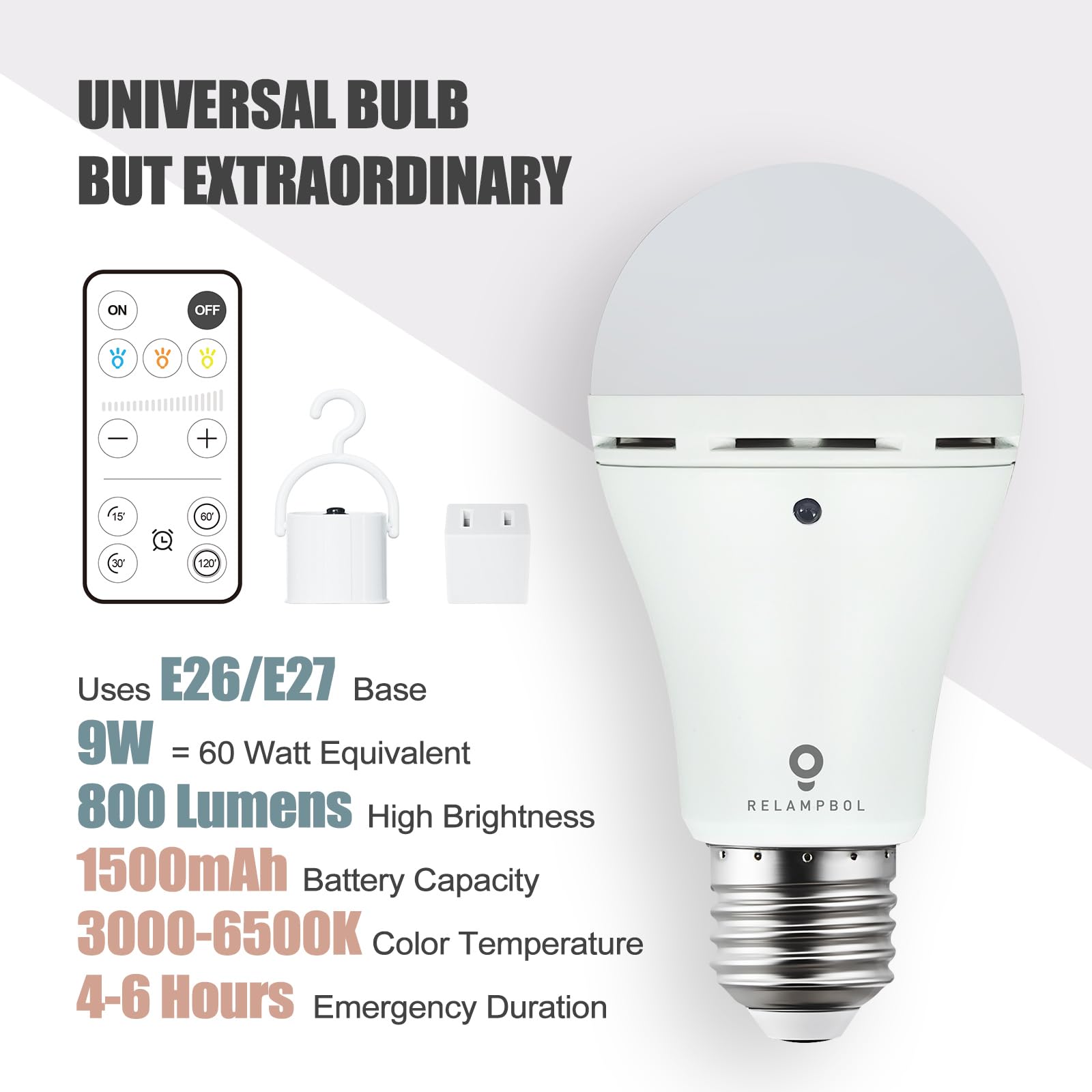 RELAMPBOL Rechargeable Emergency Light Bulbs - 2 Pack Dimmable 9W with Remote Timer, 3000K-6000K Color Temperatures, Battery Backup