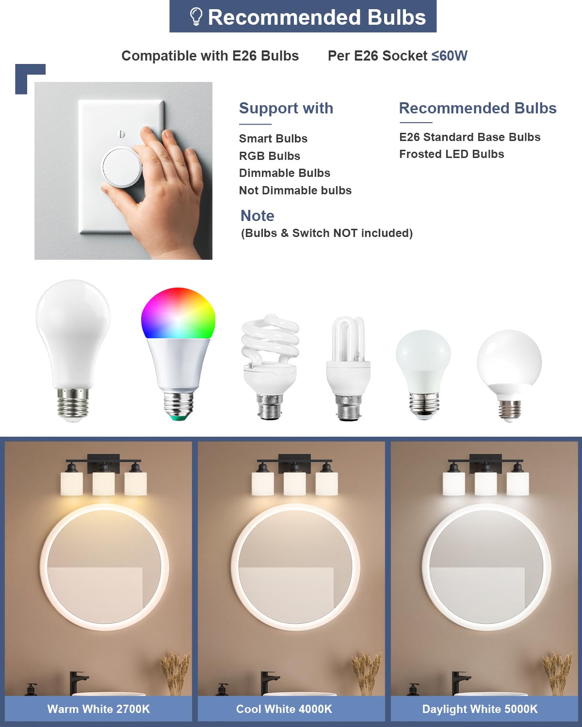 Sailstar 3-Light Bathroom Vanity Light, Anti-Rust Matte Black Bathroom Light Fixtures Over Mirror, Modern Bathroom Lights Wall M