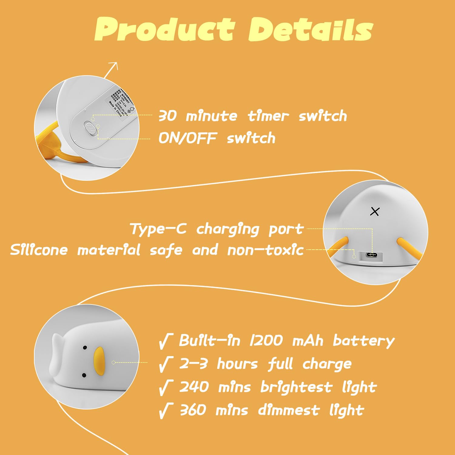 HoHaing Benson Lying Flat Duck Night Light, 3 Level Dimmable Nursery Nightlight, LED Squishy Cute Duck Lamp, Silicone Rechargeab