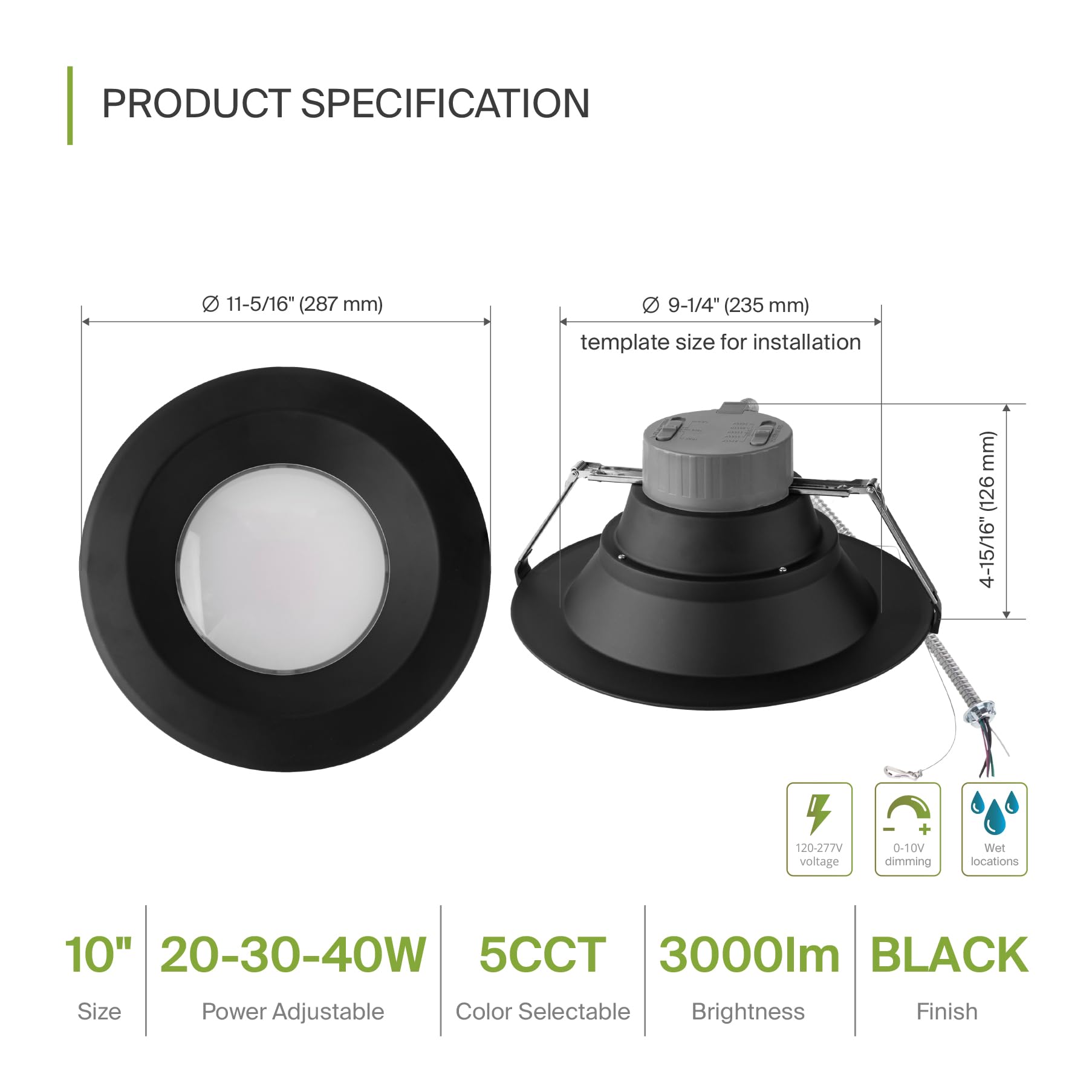 ASD 9/10 Inch LED Downlight, 20/30/40W Dimmable, IC Rated, 4 Pack, Aluminum Housing, 10 Inch Black