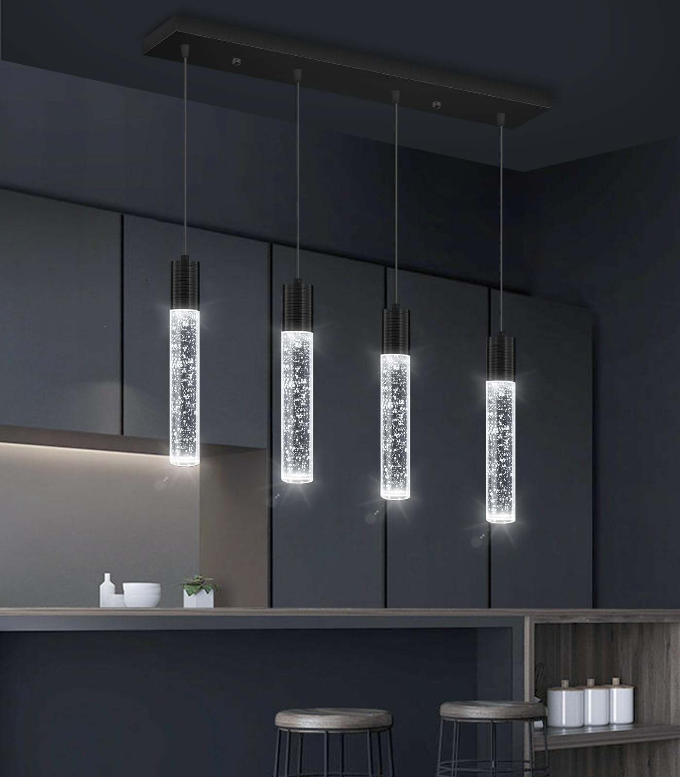 dolria 4-Lights Mini Modern Crystal Chandelier, Black LED Ceiling Light for Kitchen, Dining Room & Bedroom, Model PC0019-4Tchang-B