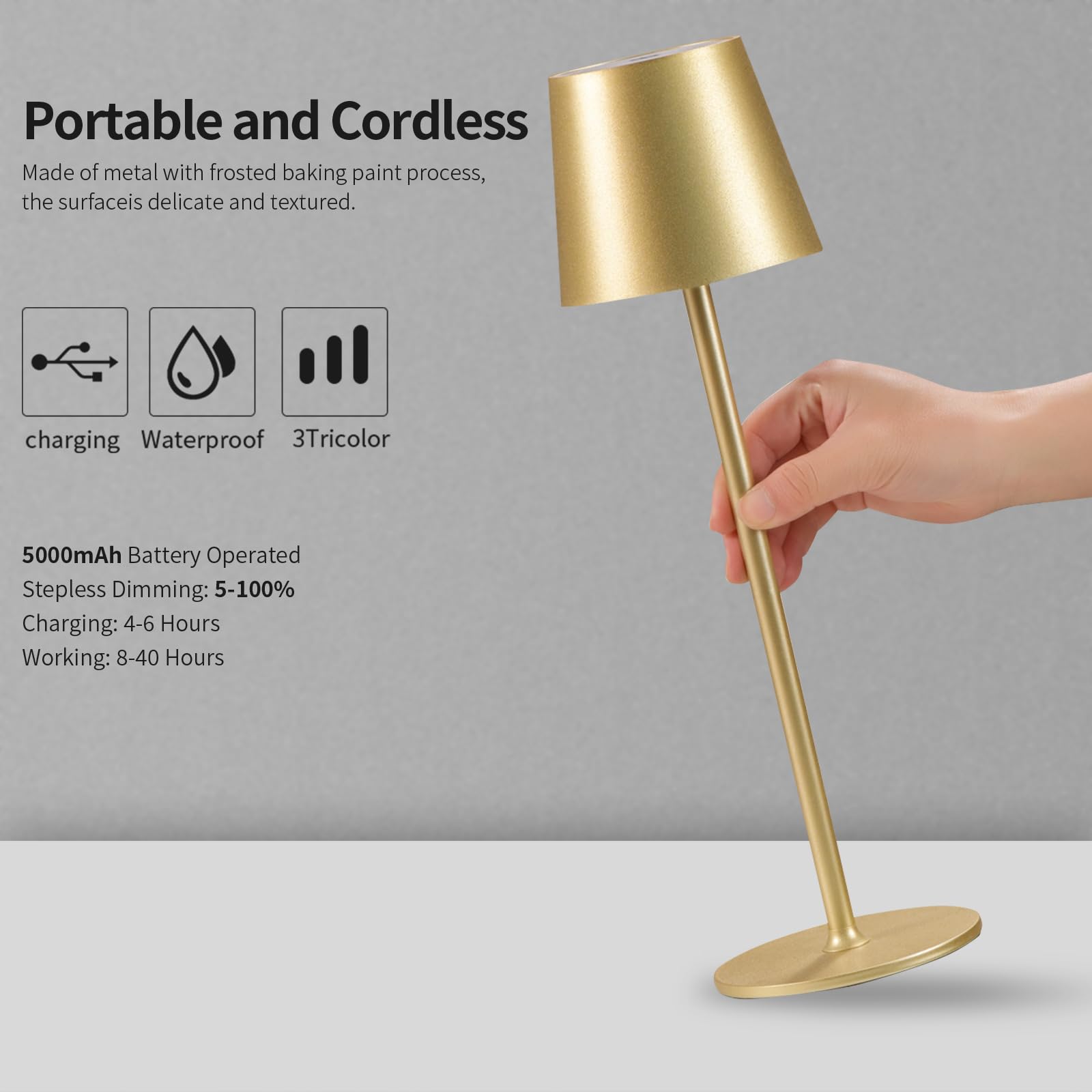 BGFHome Cordless LED Desk Lamp - 5000mAh Rechargeable Touch Light, 2 Pack, Gold, Minimalist Design for Home & Outdoor Use