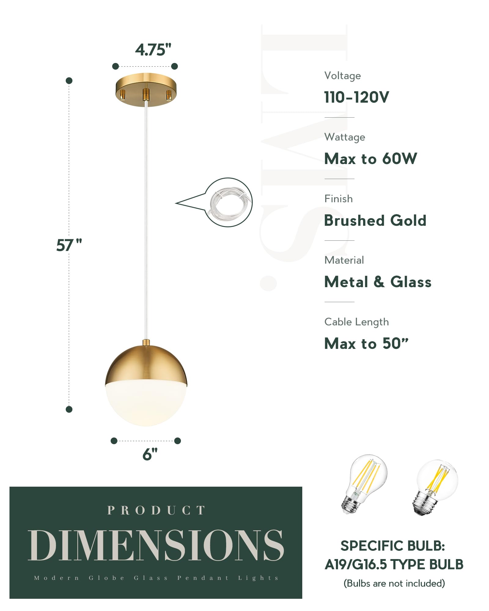 Lms 6-Inch Brushed Gold Pendant Light Fixtures, Mid Century Pendant Light Fixtures With White Globe Glass, Adjustable Hanging Co