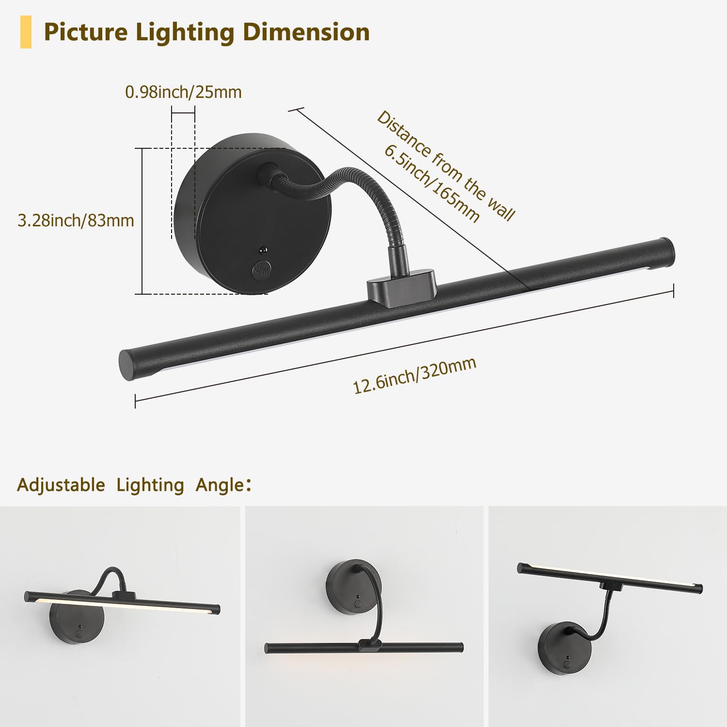 Picture Lights For Wall - Wireless Rechargeable Led Light With Remote  Adjustable Arm  Gold Battery Operated Display Lighting For discomfort-reducingtings  Bedroom  Gallery Wall D?Cor (Black  12.6 Inch - 2Pack)