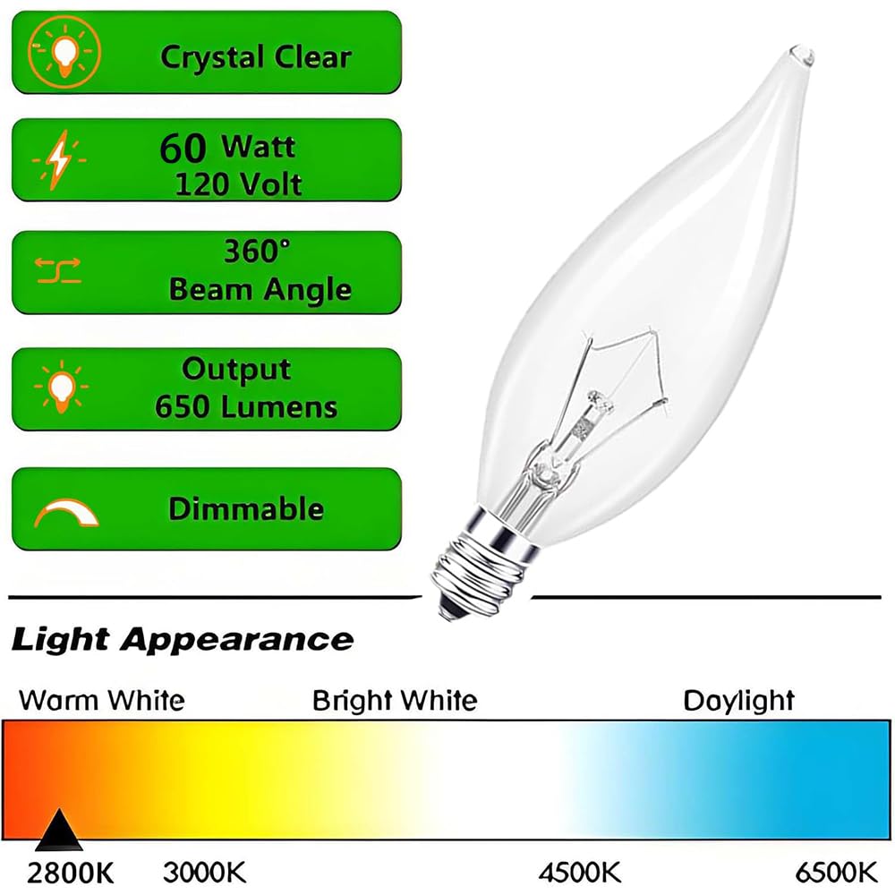 Seigun 12PC Candelabra Light Bulbs, 60W Clear E12 B10, Warm White 2700K, Dimmable, 600 Lumen, Glass