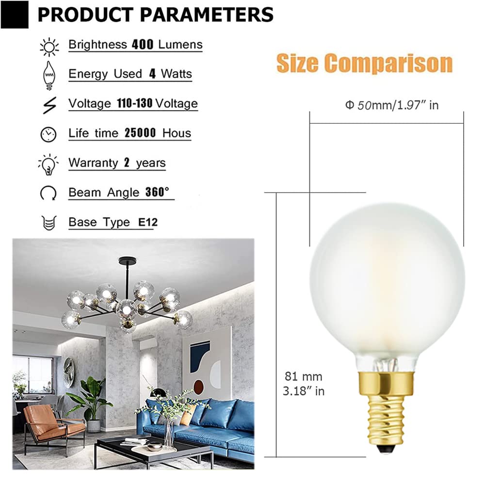 Leools E12 Frosted Led Bulbs, 40W Candelabra Dimmable Chandelier Light Bulbs Daylight 4000K G16.5 4W E12 G50 Vintage Globe Led F