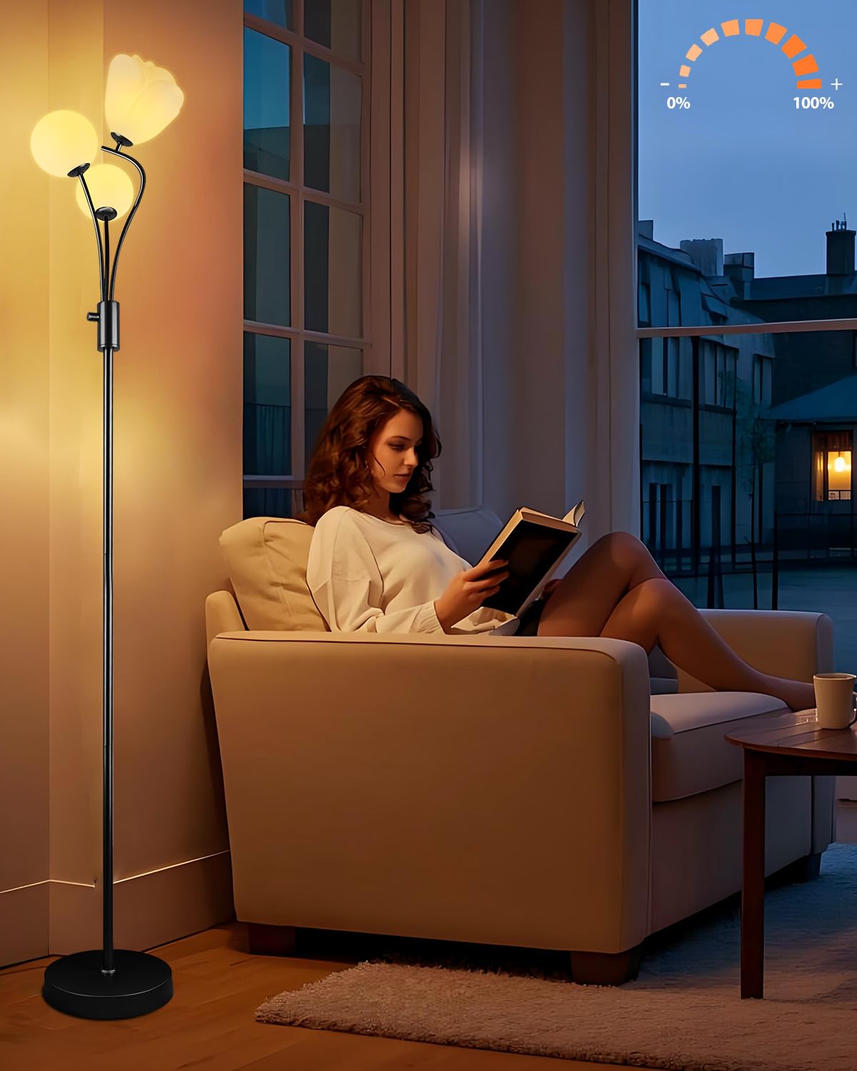 69In Dimmable Floor Lamp Black Standing Lamps With 3Pcs 3000K Bulbs Art Deco Floor Lamps With Globe & Flower Lampshade For Girls