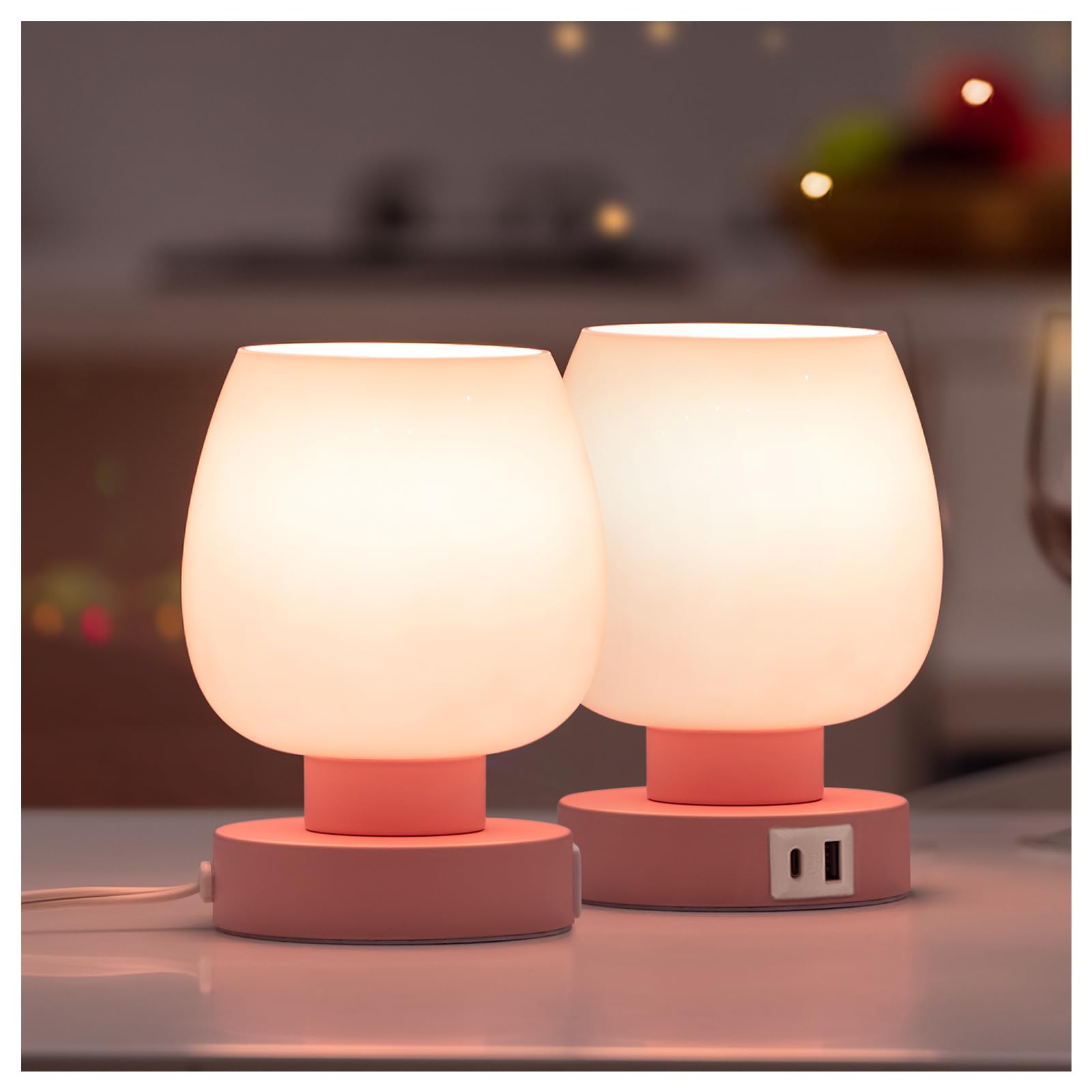 ONEWISH Pink Touch Table Lamp with USB Charging - 3 Way Dimmable Small Lamp for Bedroom, Warm LED Bulb Included, 2 Packs