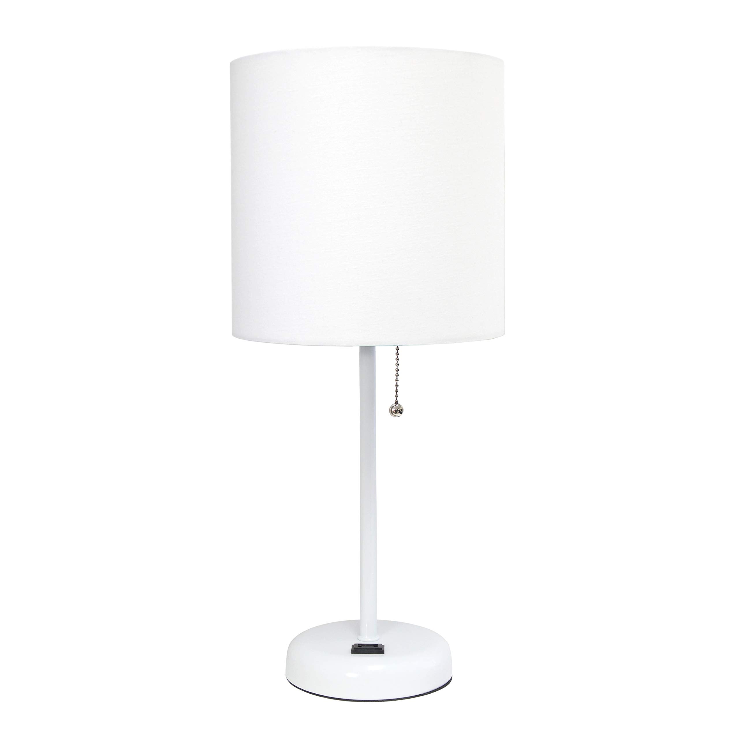 Simple Designs Lt2024-Wow White Stick Table Desk Lamp With Charging Outlet And Drum Fabric Shade, White Shade