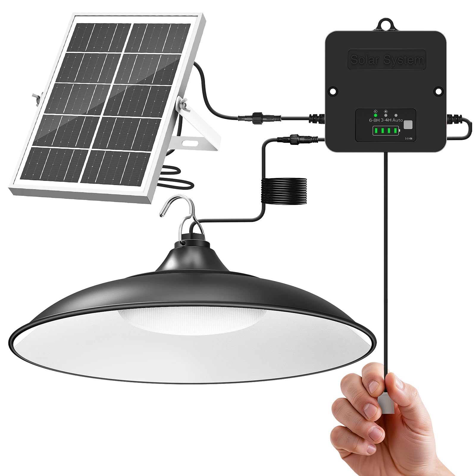 Solar Shed Light Indoor Outdoor, 2000LM Daytime Available Solar Pendant Light with Pull String Switch, 3 Modes Battery Display, 