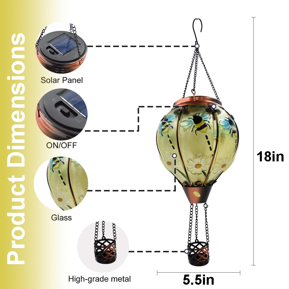 Teyigarden Hot Air Balloon Solar Lantern With Flickering Flame, Glass Hanging Garden Lights Outdoor Waterproof For Tree Yard Pat