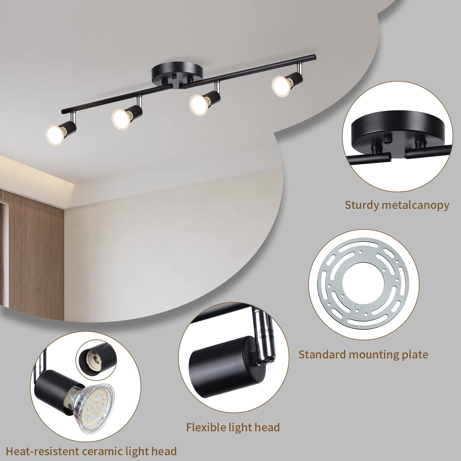 ANTOTEN 4-Light LED Track Lighting Kit, Adjustable Modern Ceiling Spotlights,Rotatable GU10 Light Head,Swing arm Ceiling Light F