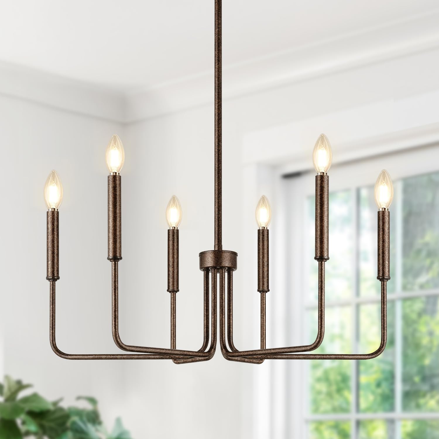 Rustic Brown Chandelier, 6-Light Antique Farmhouse Chandelier for Dining Room Lighting Fixtures, Vintage Candle Pendant Light Fi