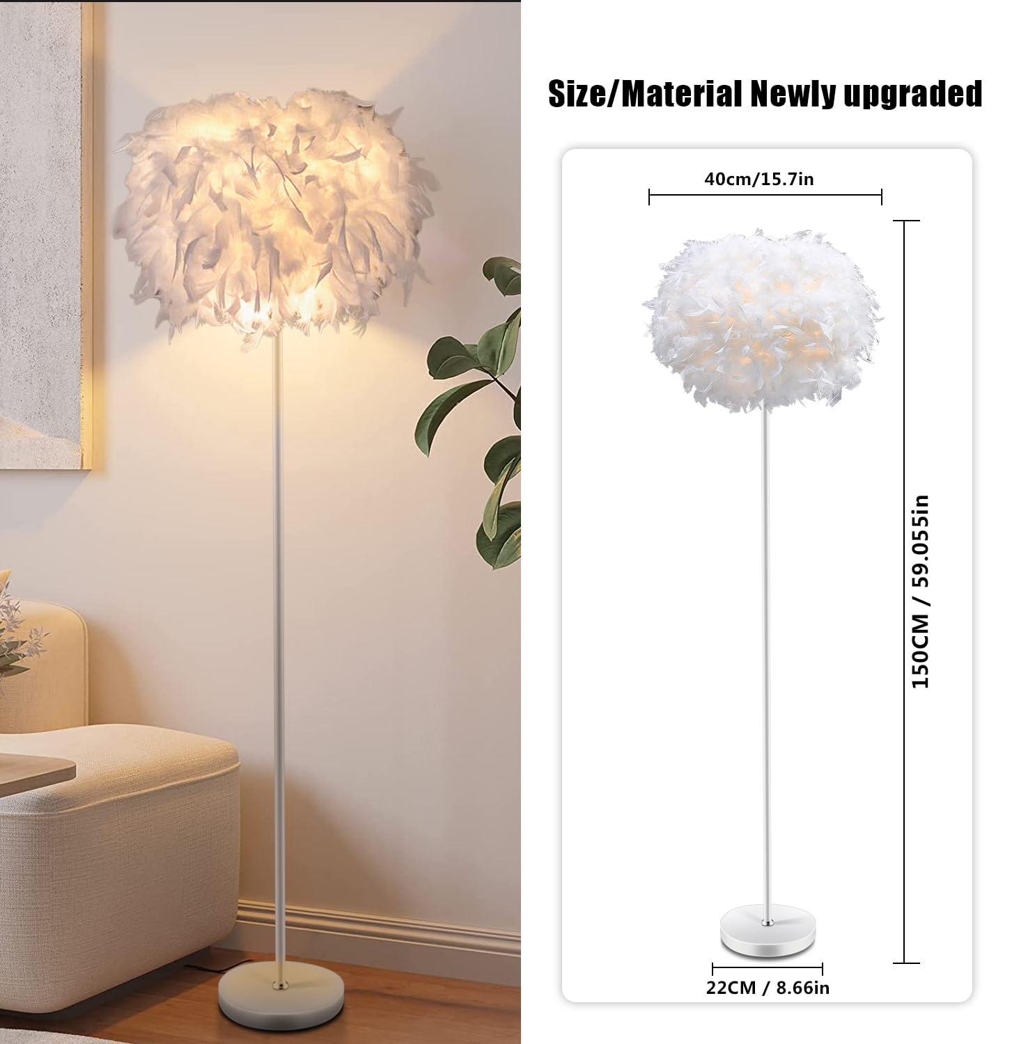 Kariosid Feather Floor Lamp,59In Simple Modern Led Standing Lamp,White Feather Floor Lamp For Bedroom,Living Room,Dining Room An