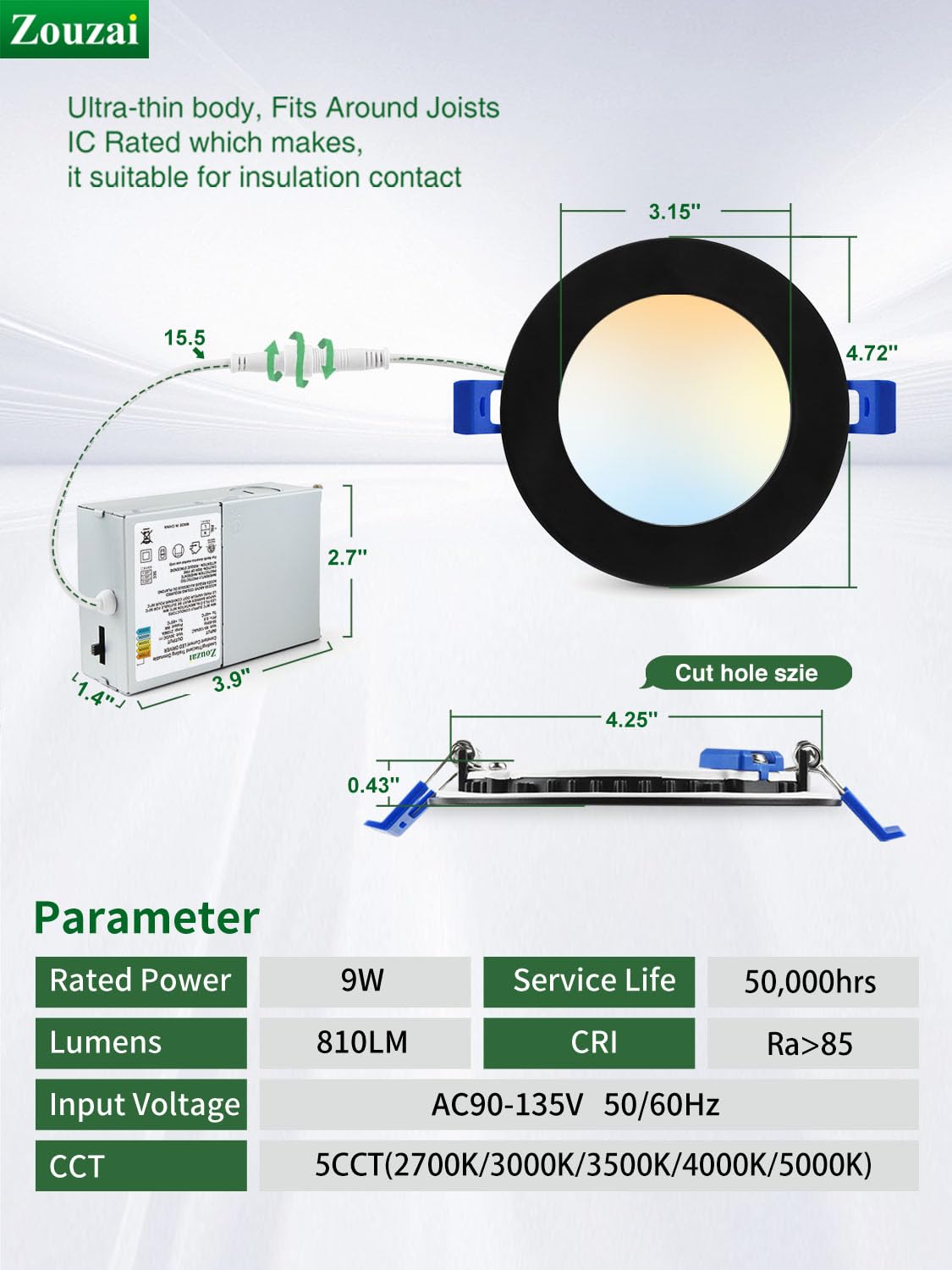 Zouzai 1 Pack 4 Inch Black 5Cct Ultra-Thin Led Recessed Ceiling Light With Junction Box, 2700K/3000K/3500K/4000K/5000K Selectabl