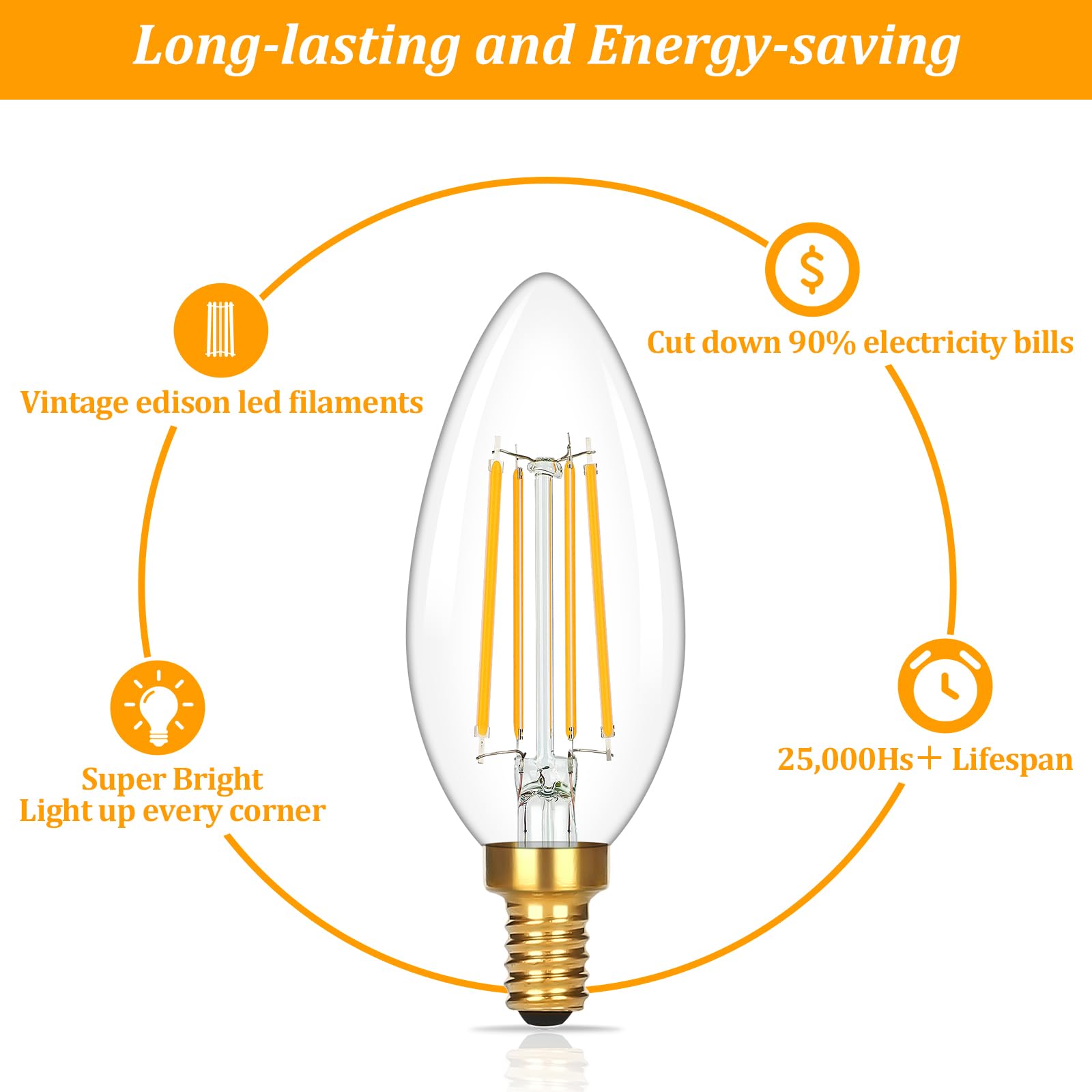 Brightever E12 Candelabra Led Light Bulbs 60W Equivalent, 2700K Soft White, 620Lumens 6W Led Chandelier Bulb, B11 Filament Clear Candle Light Bulbs Non-Dimmable, Pack Of 12 Small Base Bulbs