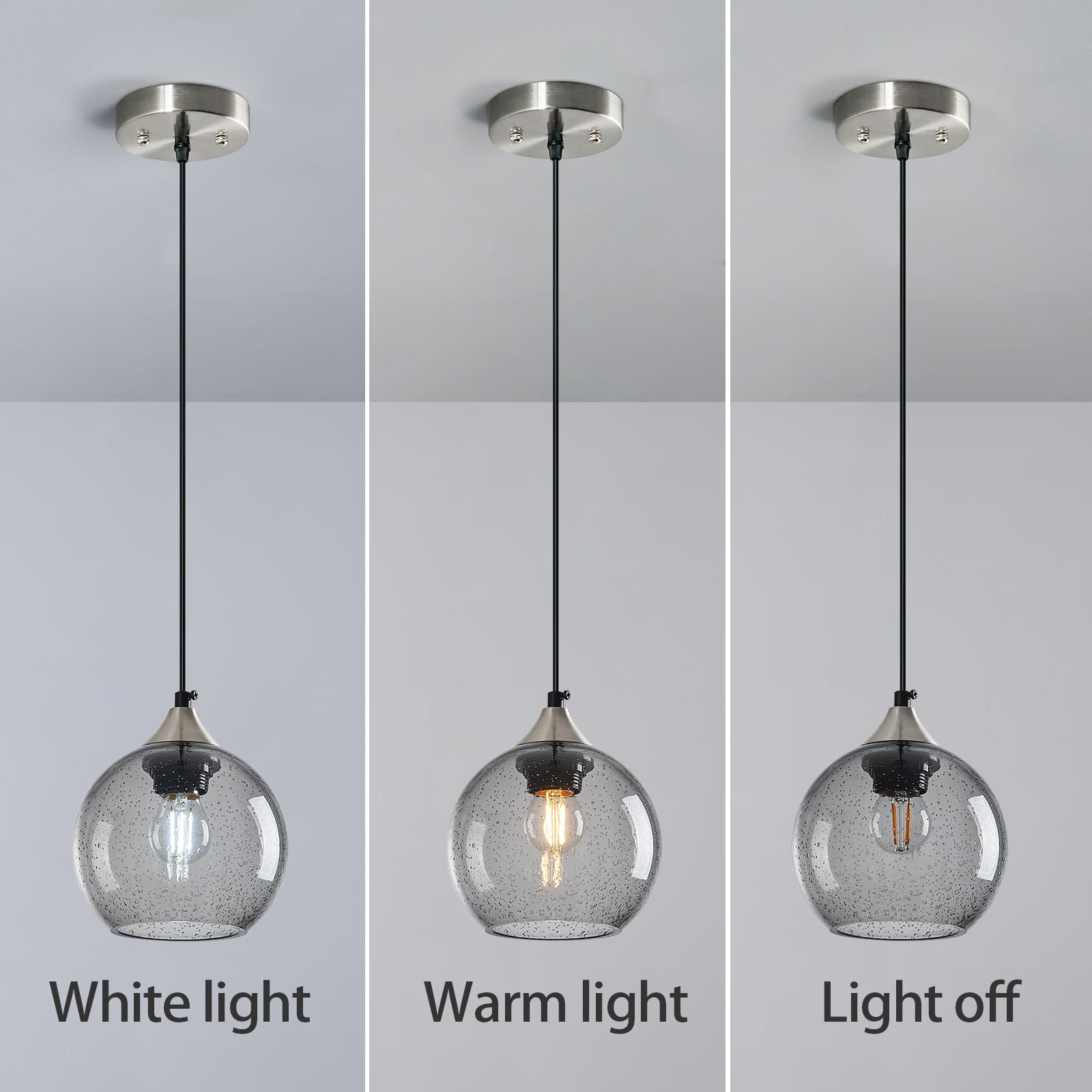 Lbsqj Light Grey Glass Pendant Lights Kitchen Island Globe Pendant Light Fixtures Modern Pendant Lighting For Bedroom Living Dining Room Light Fixture (5.9 In  3 Pack)