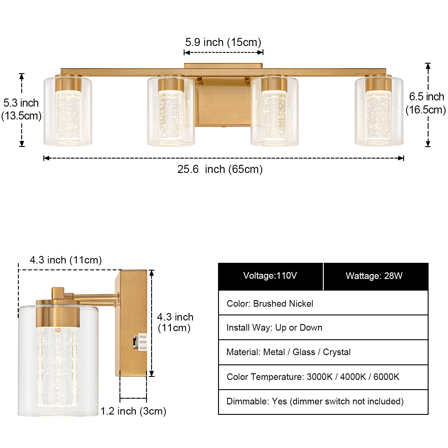 SineRise 4-Light Gold Vanity Light - Dimmable LED Fixture with 3 Color Modes, Eye Protection, Clear Glass Shade