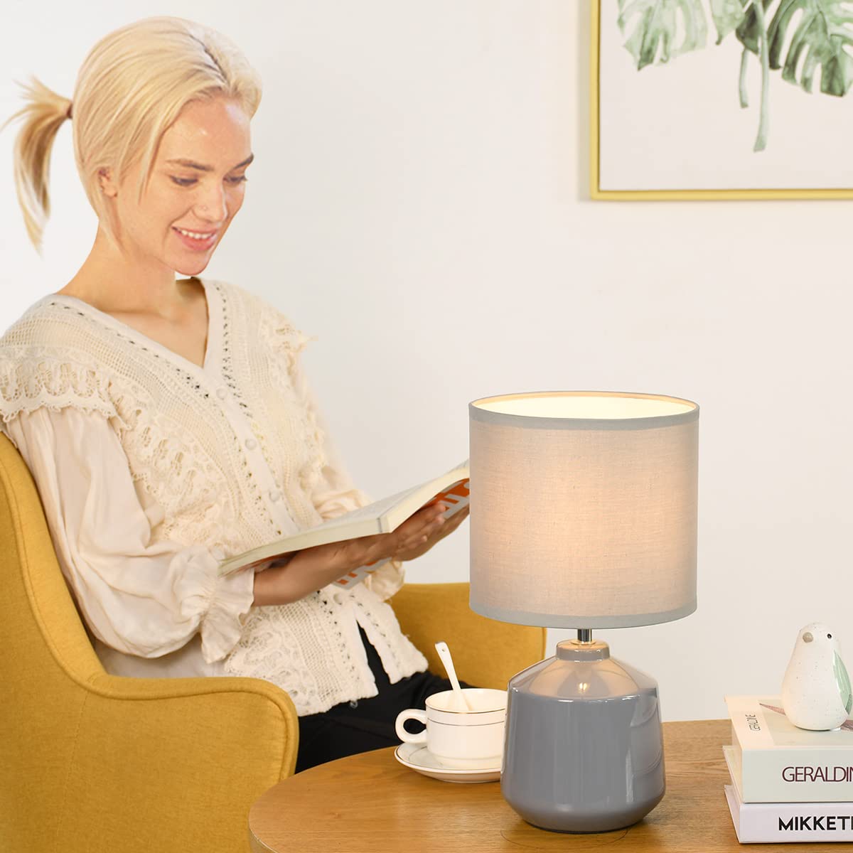 Lampwell Lena Modern Ceramic Bedside Table Lamp, Grey, 7.09H12.99In, Bulb Excluded
