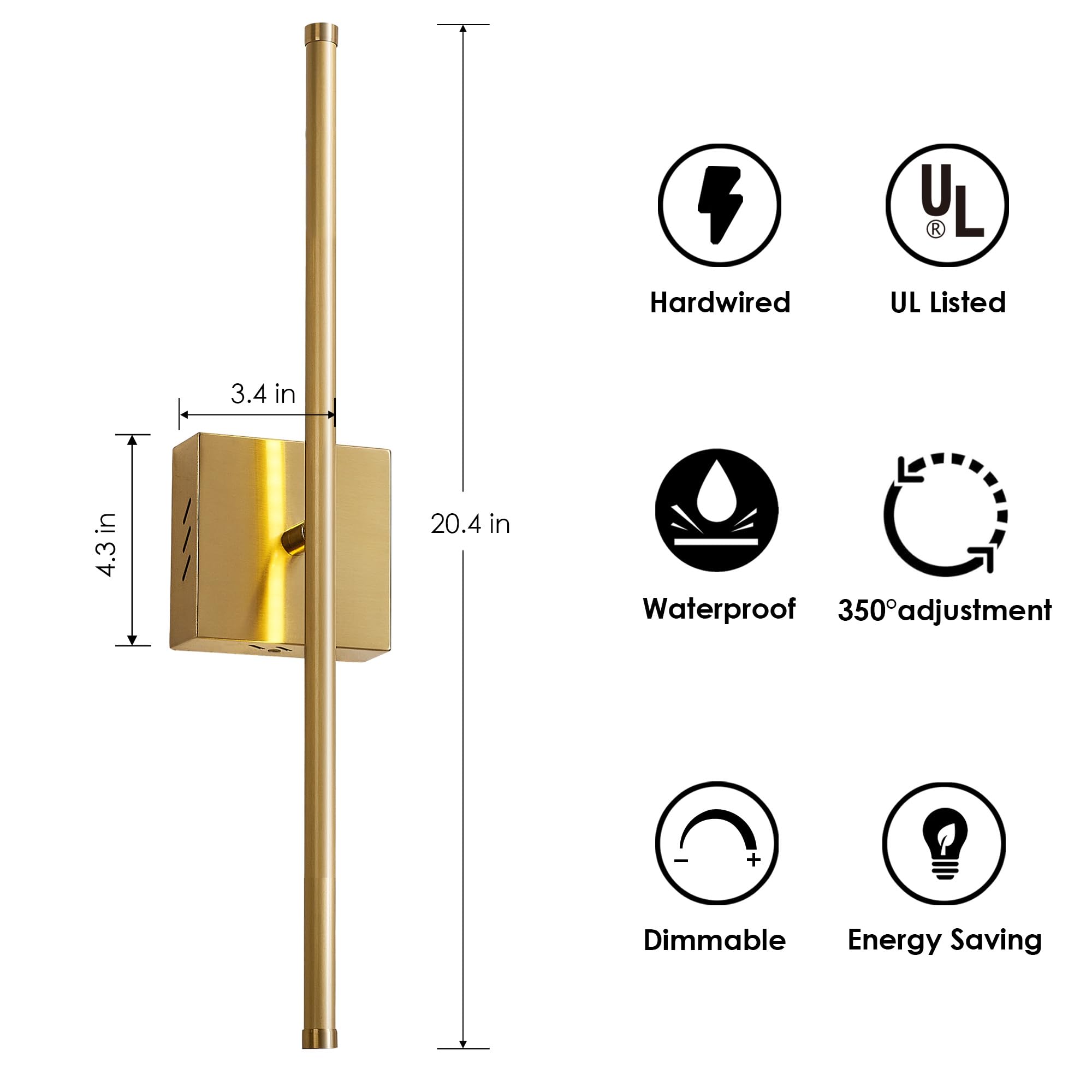 KARTOOSH Dimmable Wall Sconces Set of Two, 24.4" Matte Gold LED Fixtures, 350° Rotate, 3000K Warm Light, Model 06H