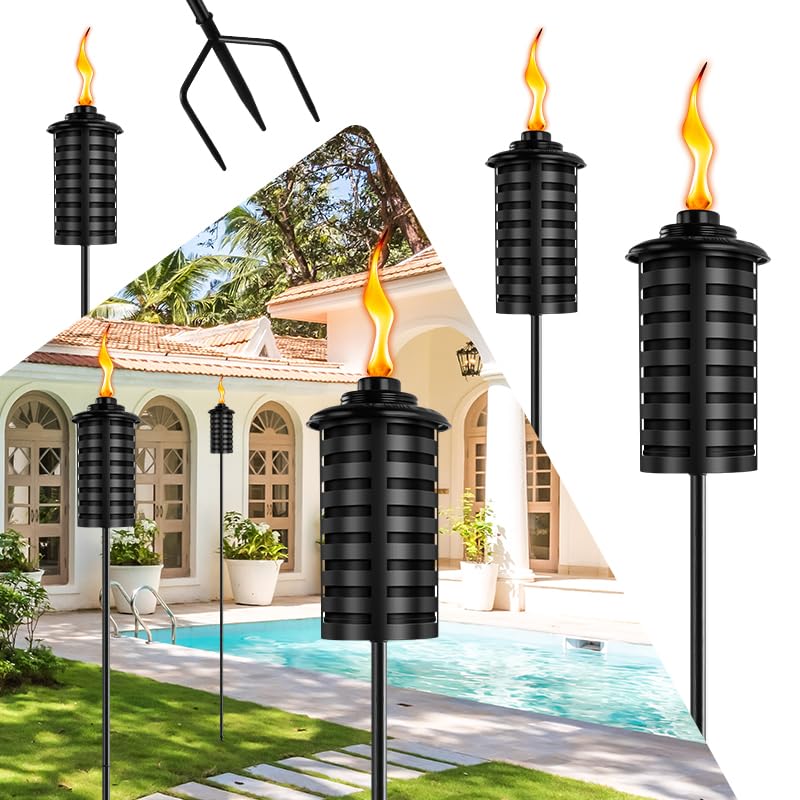 Zszmfh 6 Pcs Metal Torch For Outside, 16 Oz Outdoor Metal Torch Garden Décor,59-Inch Upgraded Citronella Torches With 3-Prong Grounded Stake, Table Top Torches For Party Patio Pathway