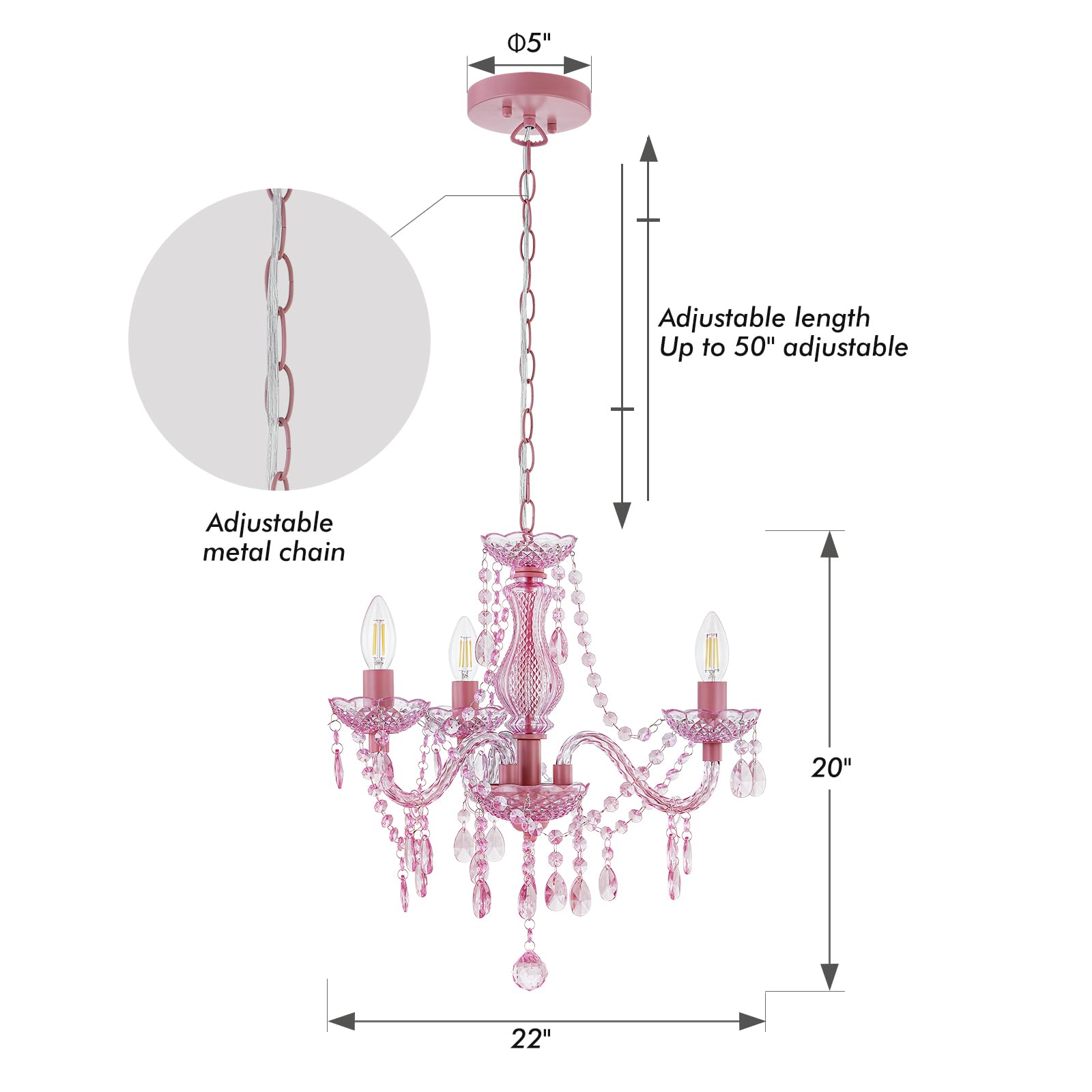 Luvkczc Crystal Chandelier, 3-Light Modern K9 Pendant Lighting, Small Size, Pink Acrylic, Model 0294