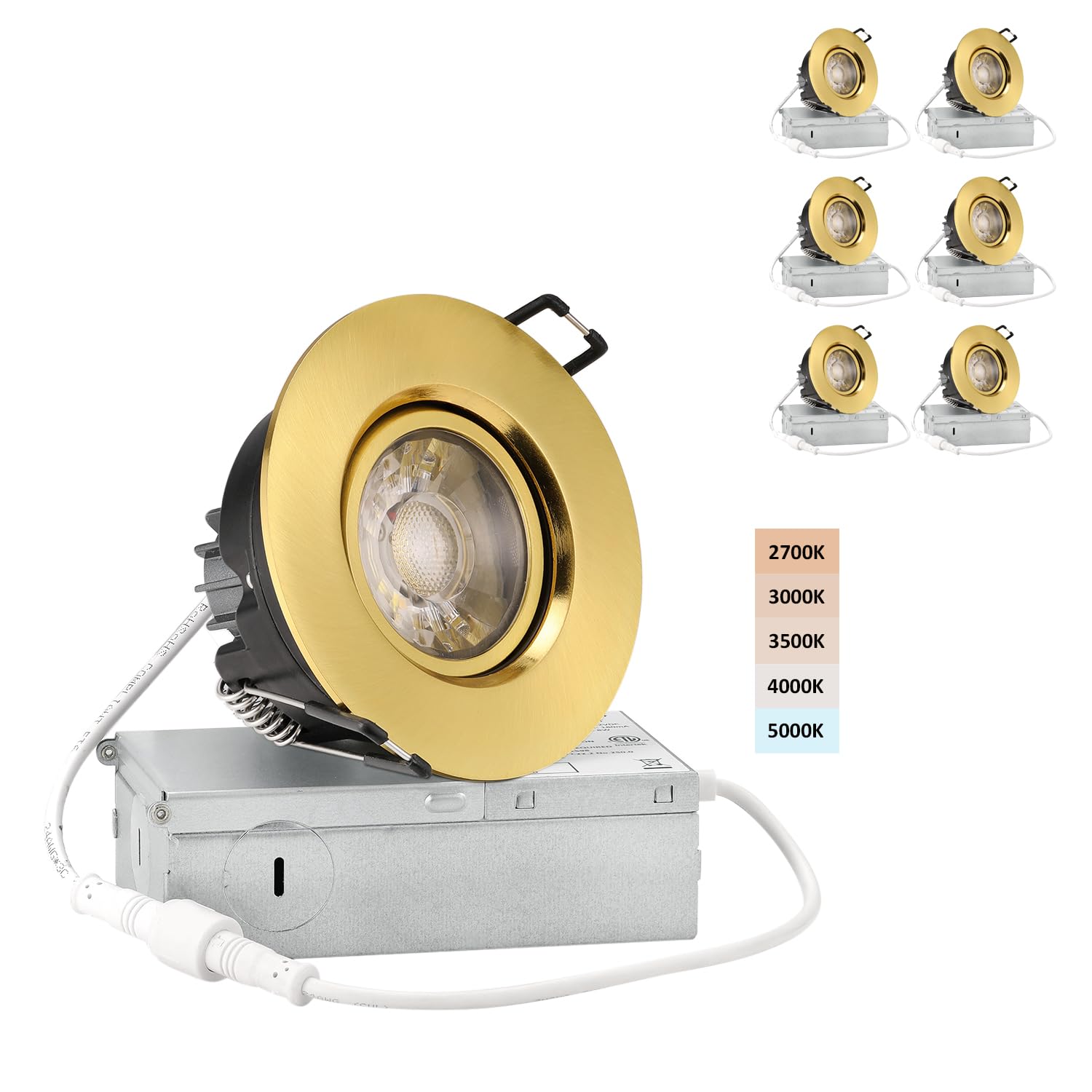 POPANU Enhanced Shiny Gold 3-inch LED Recessed Lights - 5 CCT 3 Inch Eyeball Ceilling Gimbal Potlight  Dimmable Recessed Lights Fixture with Junction Box  8W CCT Adjustable  Shiny Gold  6P